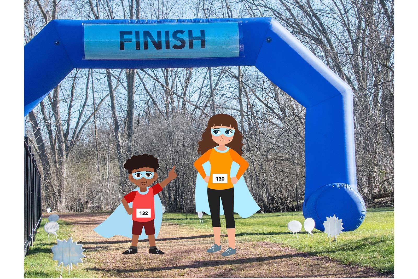 10 illustration of an adult and child in capes and masks standing at the finish line