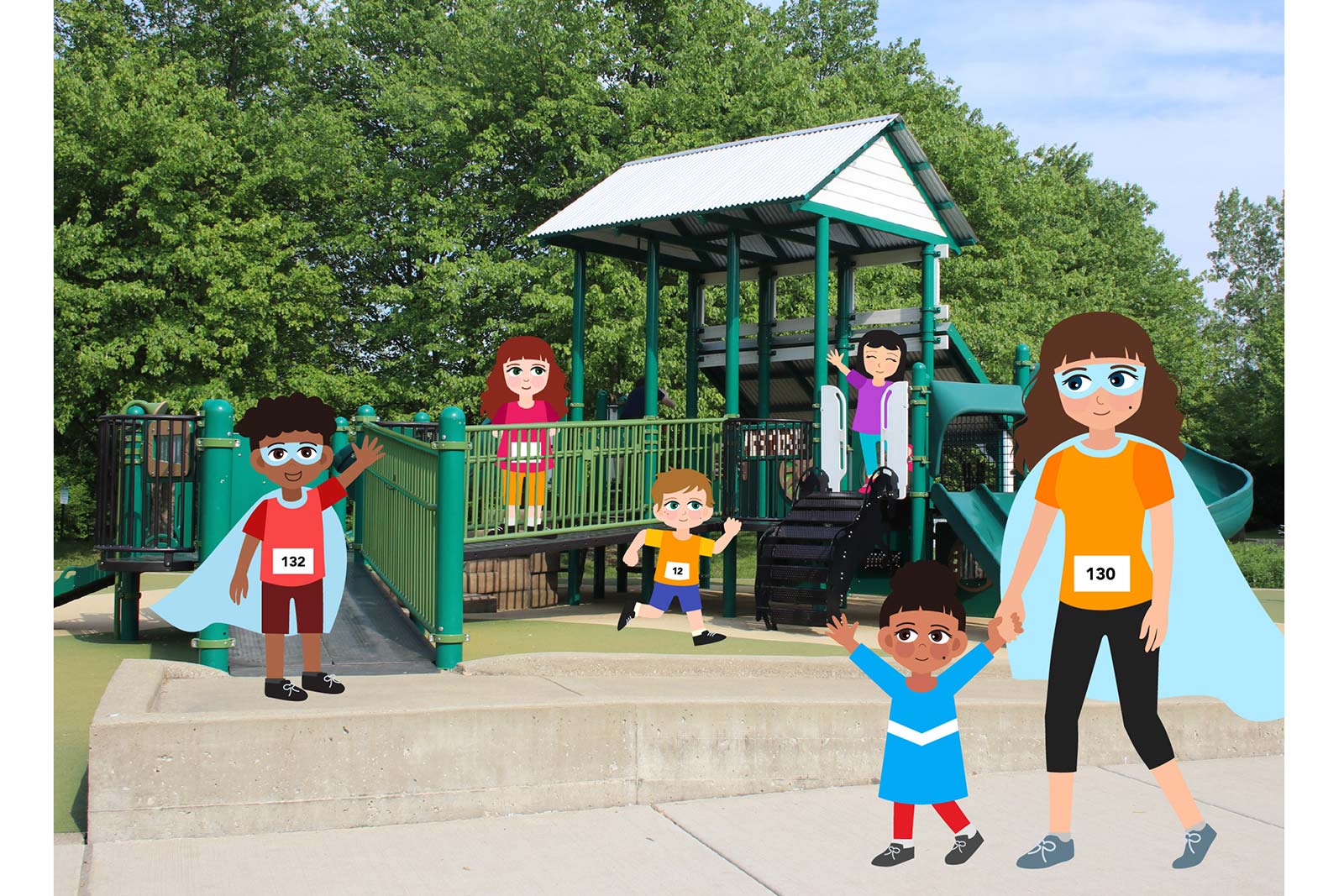 13 children play on playground, one child holds an adult's hand