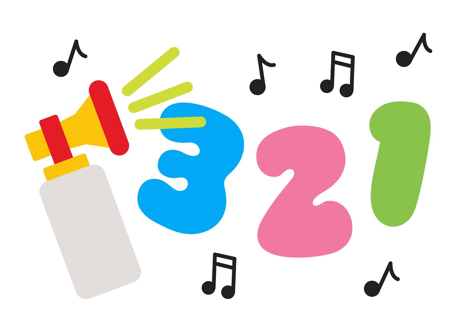 6 megaphone or bullhorn, with music notes and stylized numbers, 3-2-1