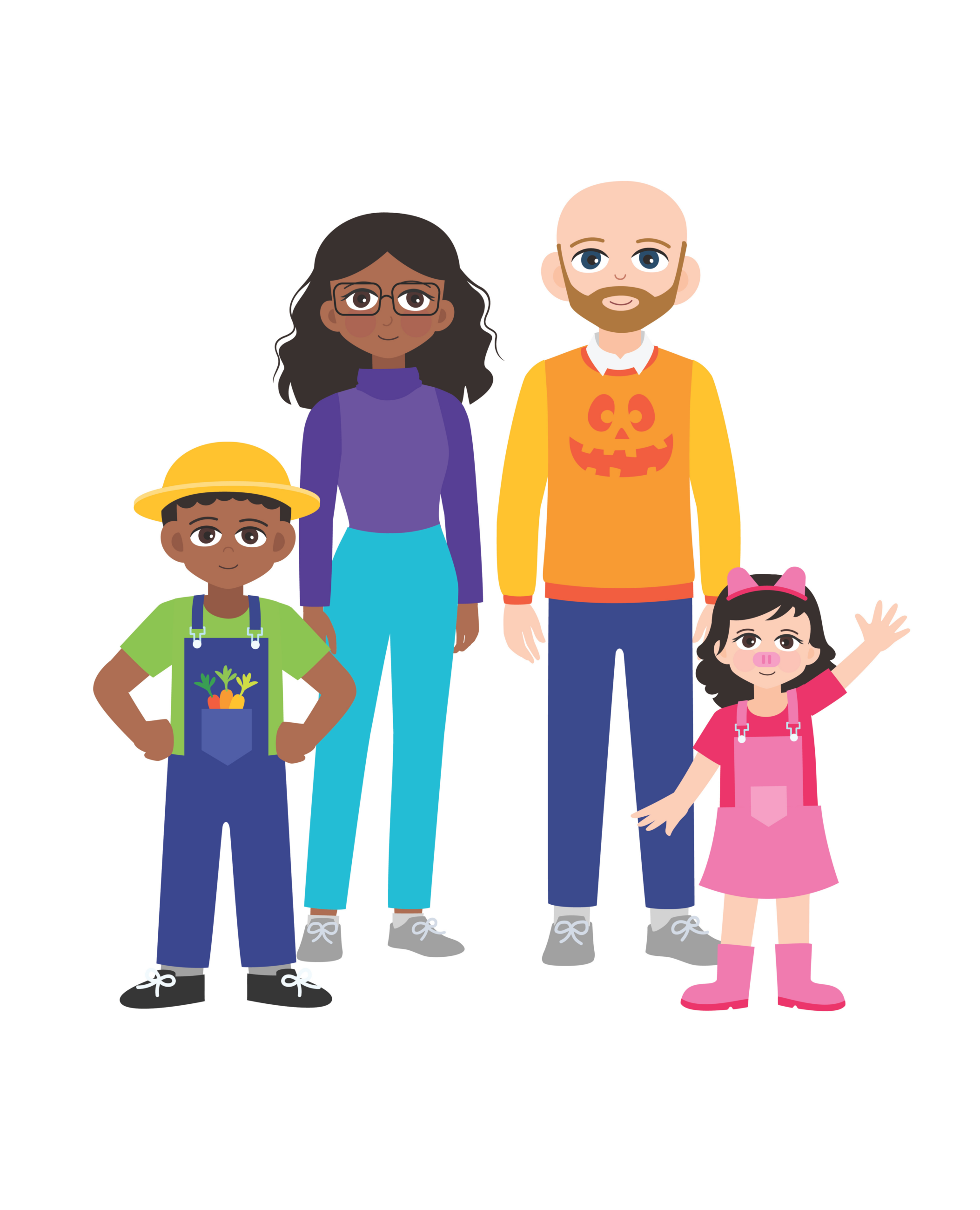 Family of four: woman, man, boy in overalls, girl in pink pig costume. Halloween-themed sweater and vegetables on overalls visible.