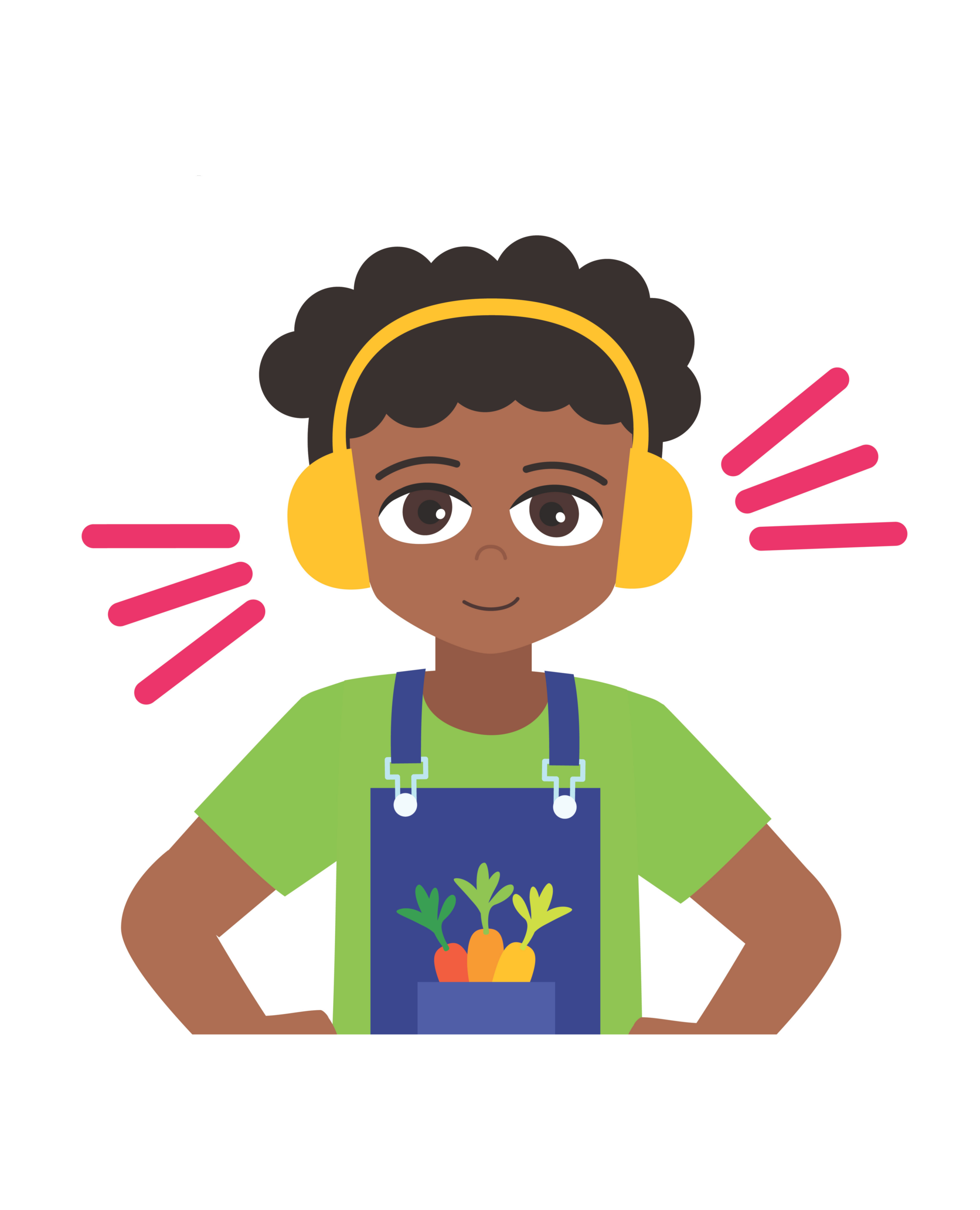 Child with headphones and carrots in overalls