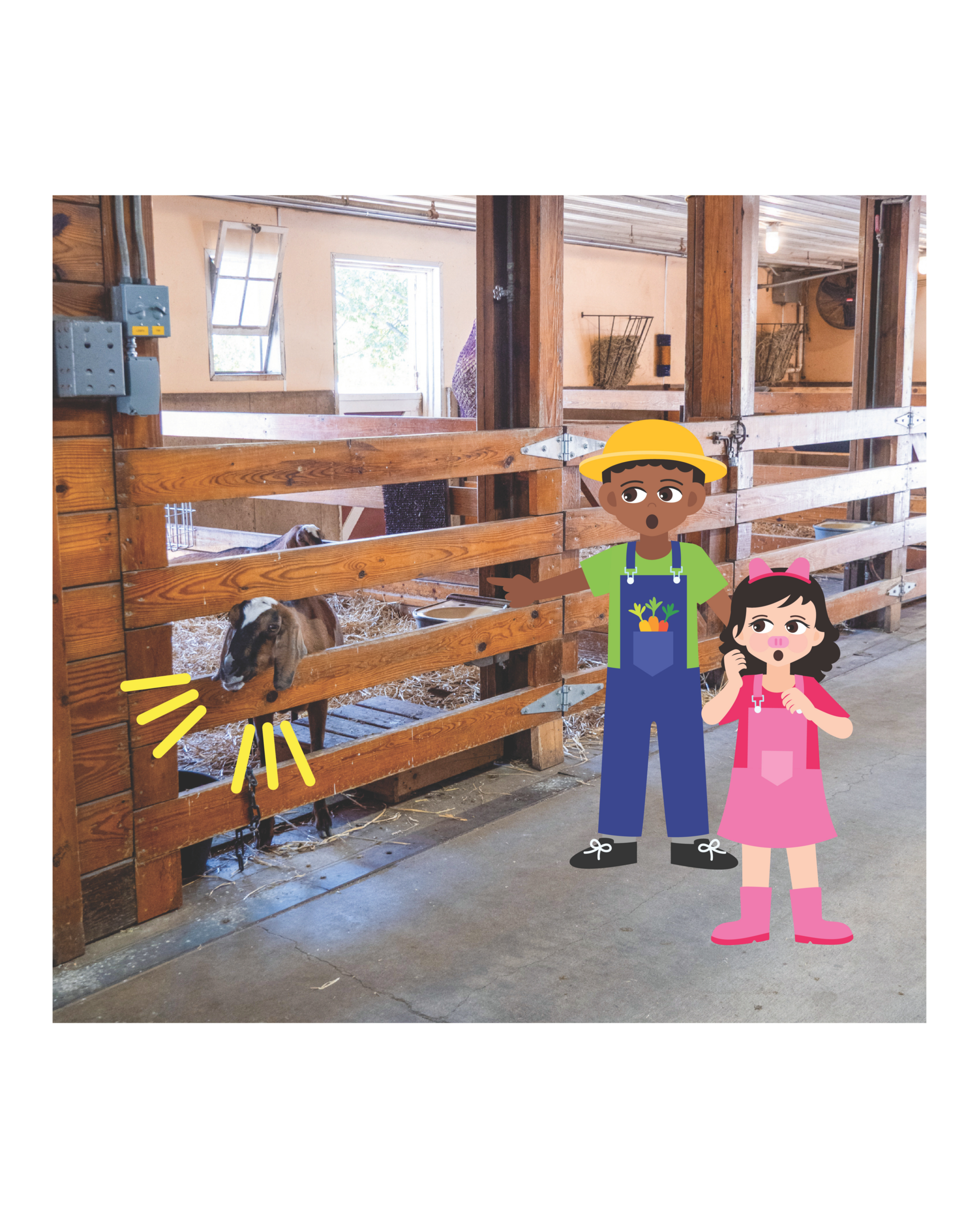 Kids in a barn looking at a goat in a stall with hay, girl covers nose. Boy points at goat.