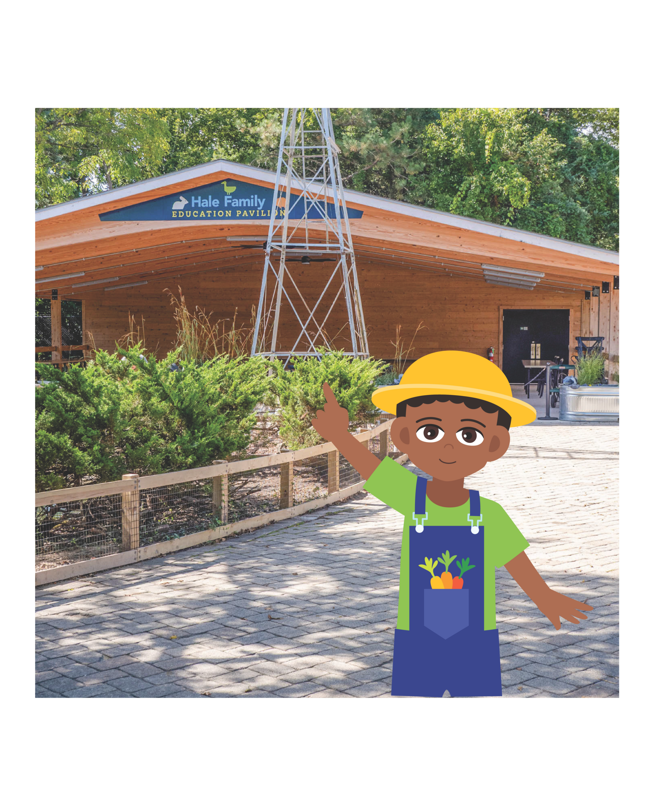 Child points to Hale Family Education Pavilion with a windmill.