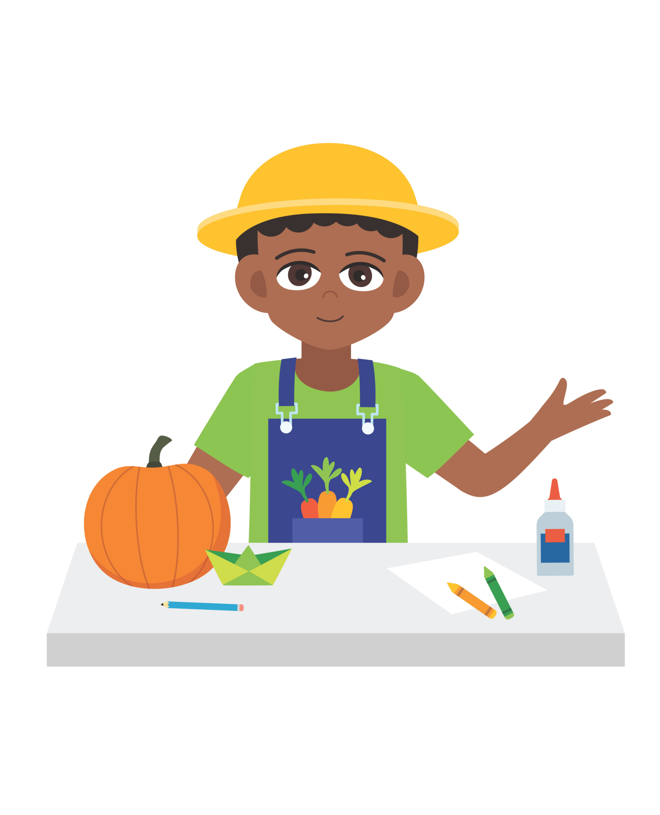Boy with hat and overalls at a table with art supplies: pumpkin, paper boat, pencil, crayons, glue.