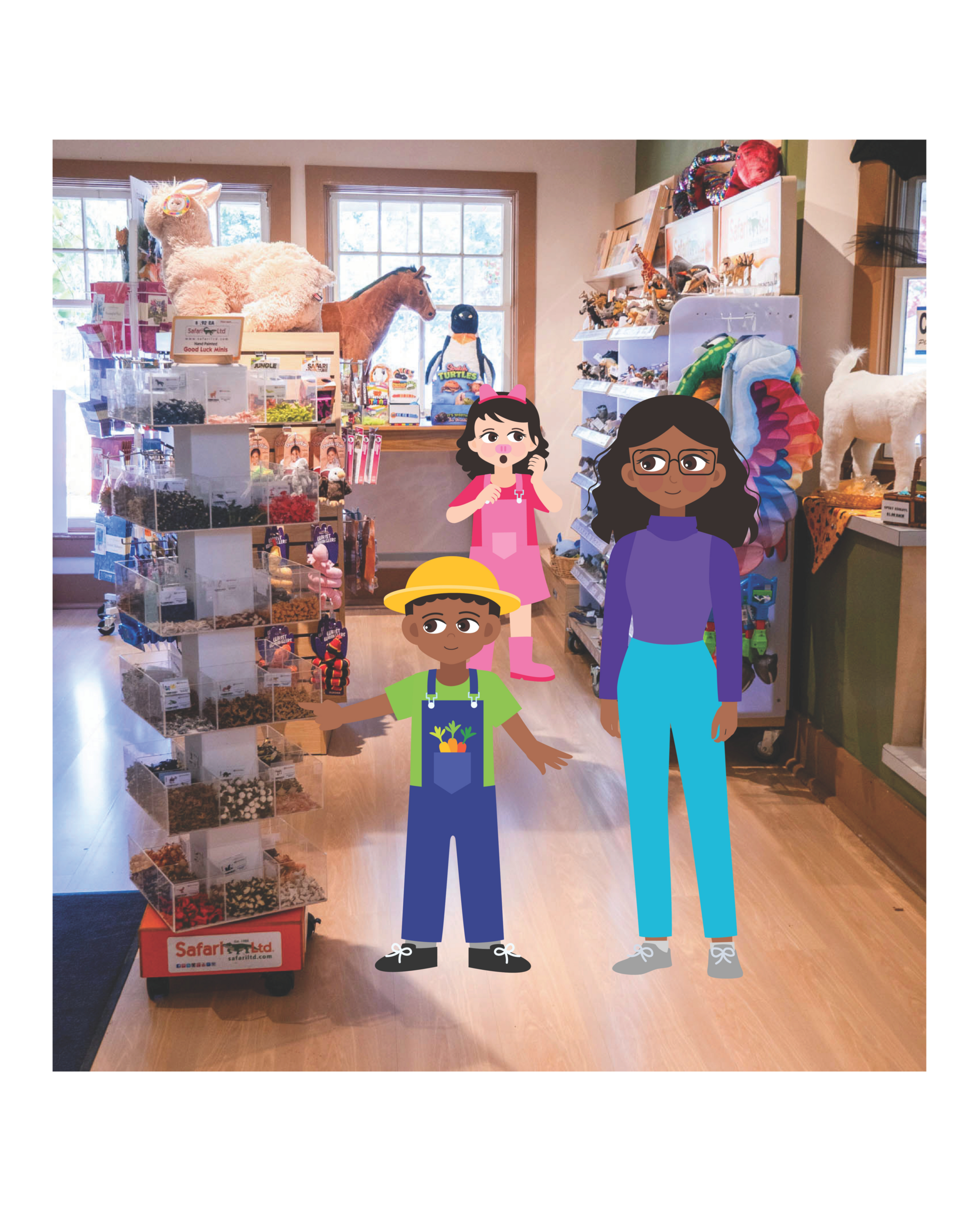 Three children in a gift shop with toys, souvenirs, and displays of small items. Includes plush animals and a red wagon.