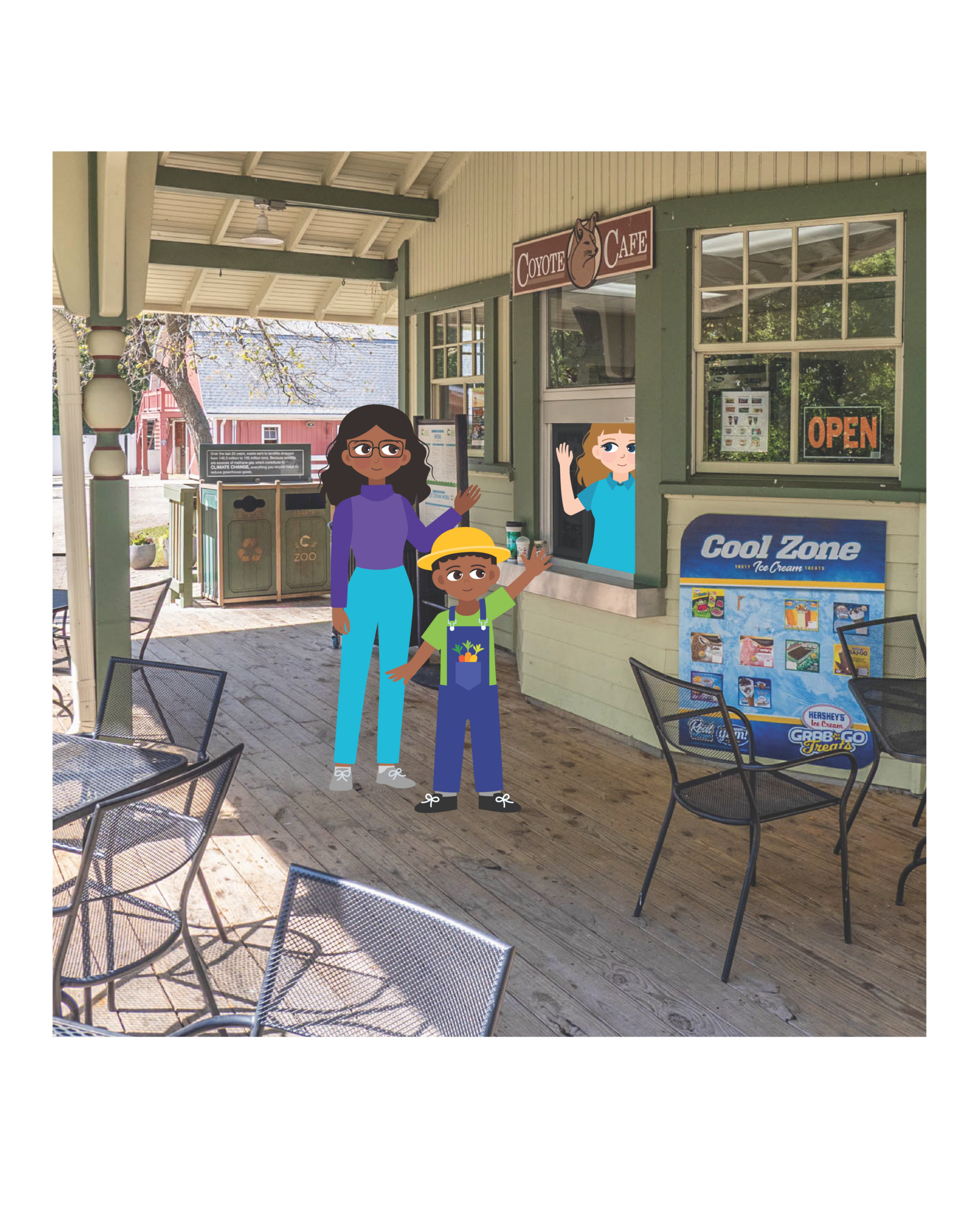 Woman and boy waving at an outdoor cafe with "Coyote Cafe" sign and "Cool Zone" ice cream display.