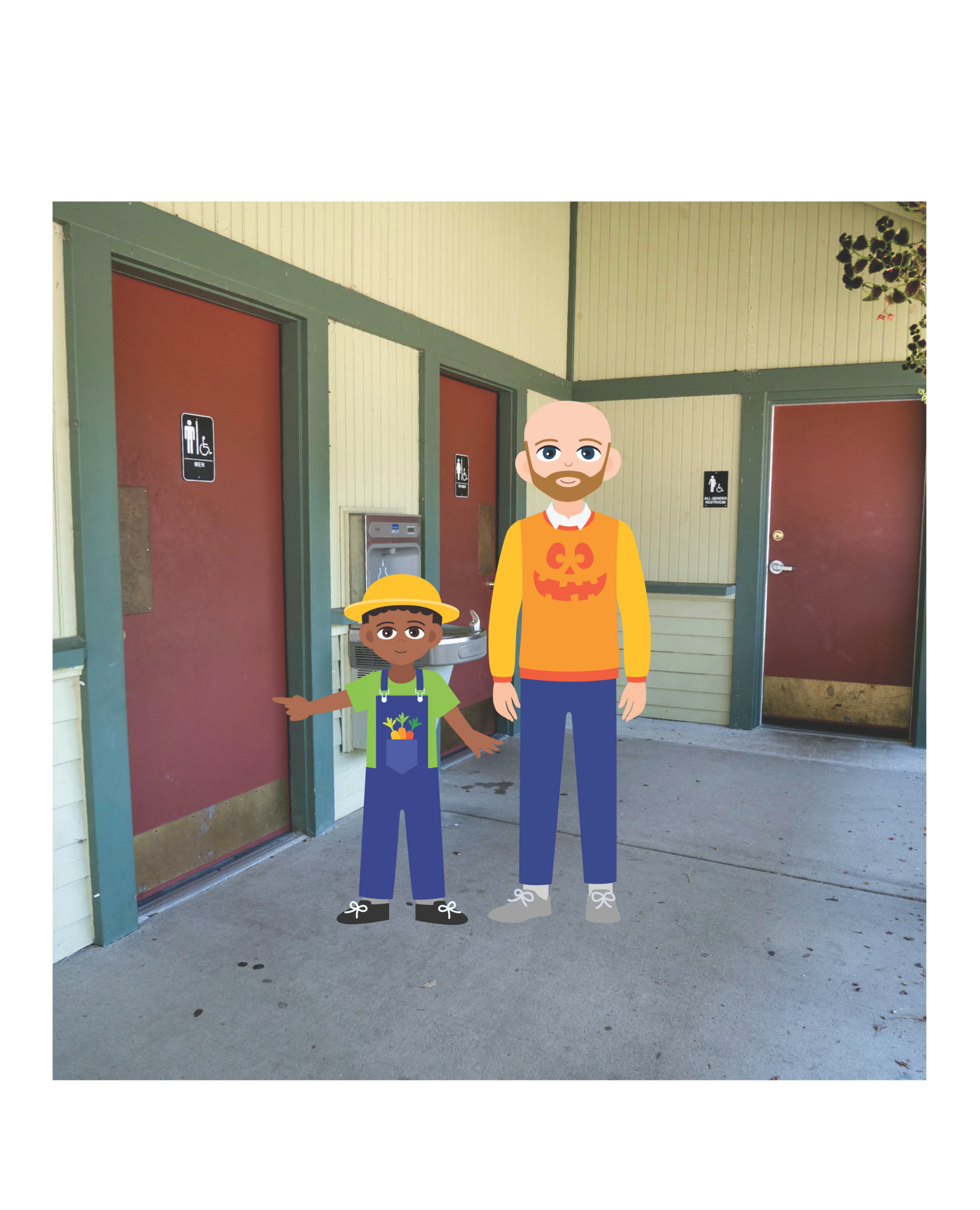 A man and a boy stand outside restrooms with a water fountain. The boy points to the doors.