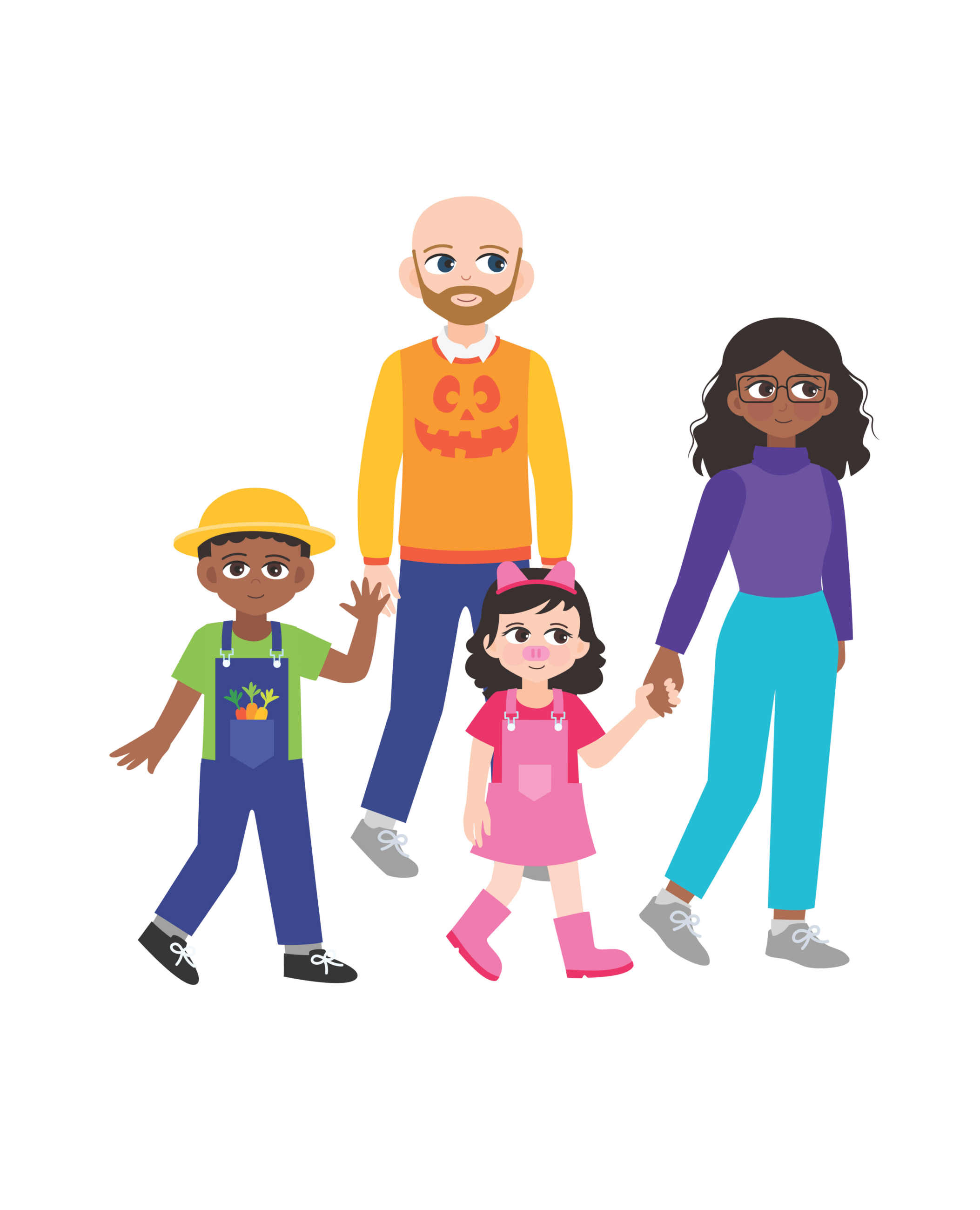 A family of four walking, including a man in a pumpkin sweater, a woman in purple, a boy in overalls, and a girl in a pig costume.
