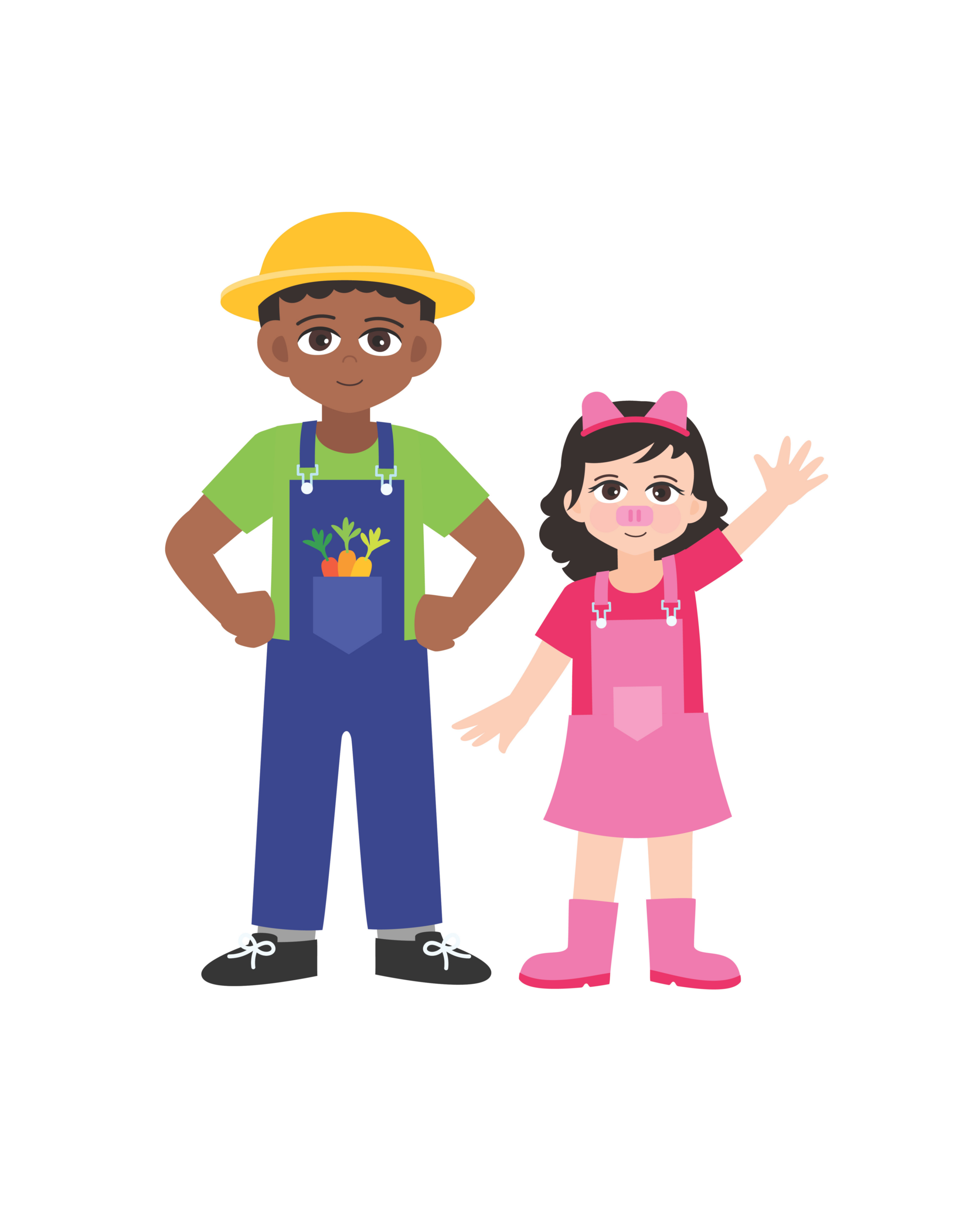 A boy farmer and girl pig costume