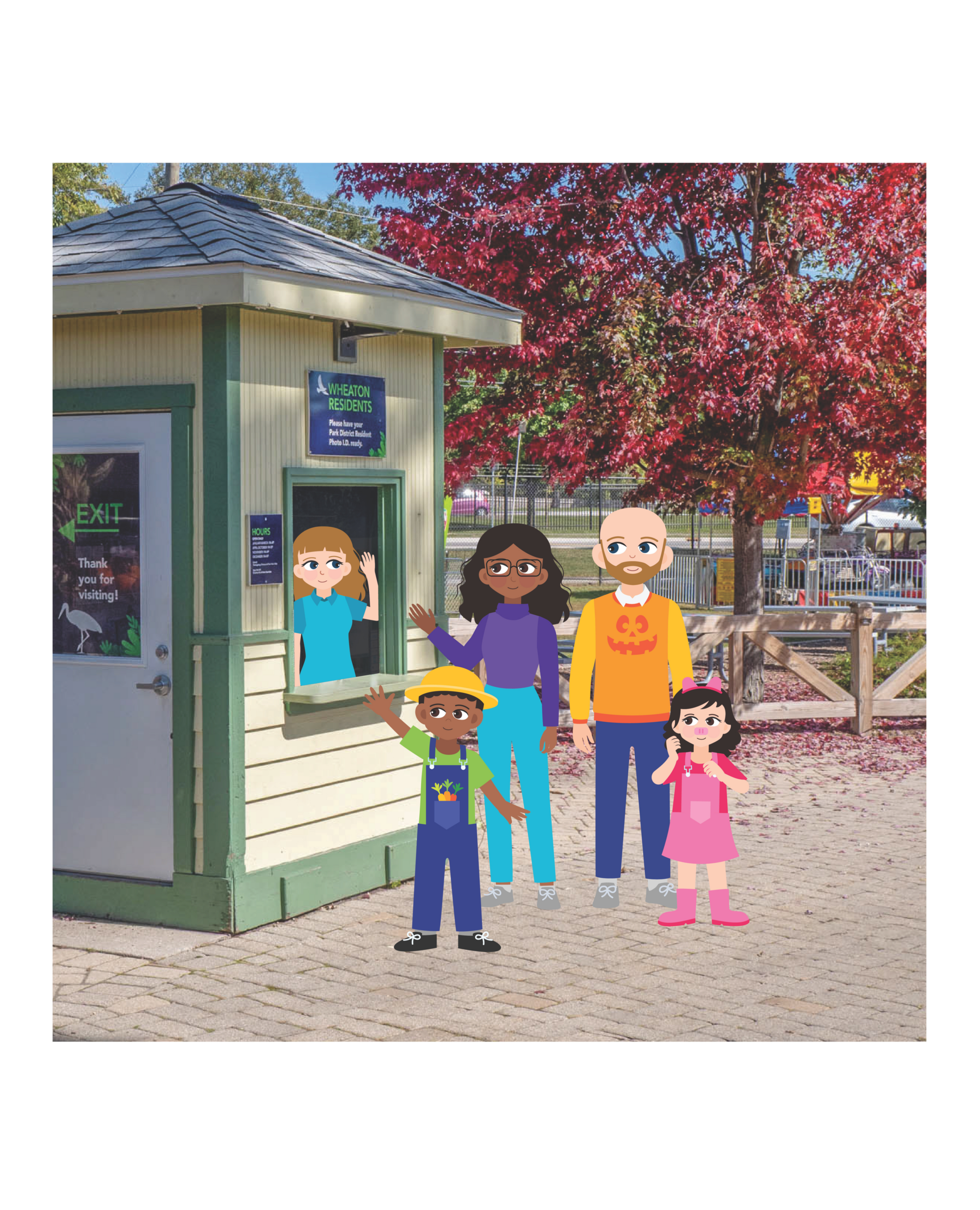 Family checking in at a park entrance booth with a staff member. Trees with red leaves in the background.