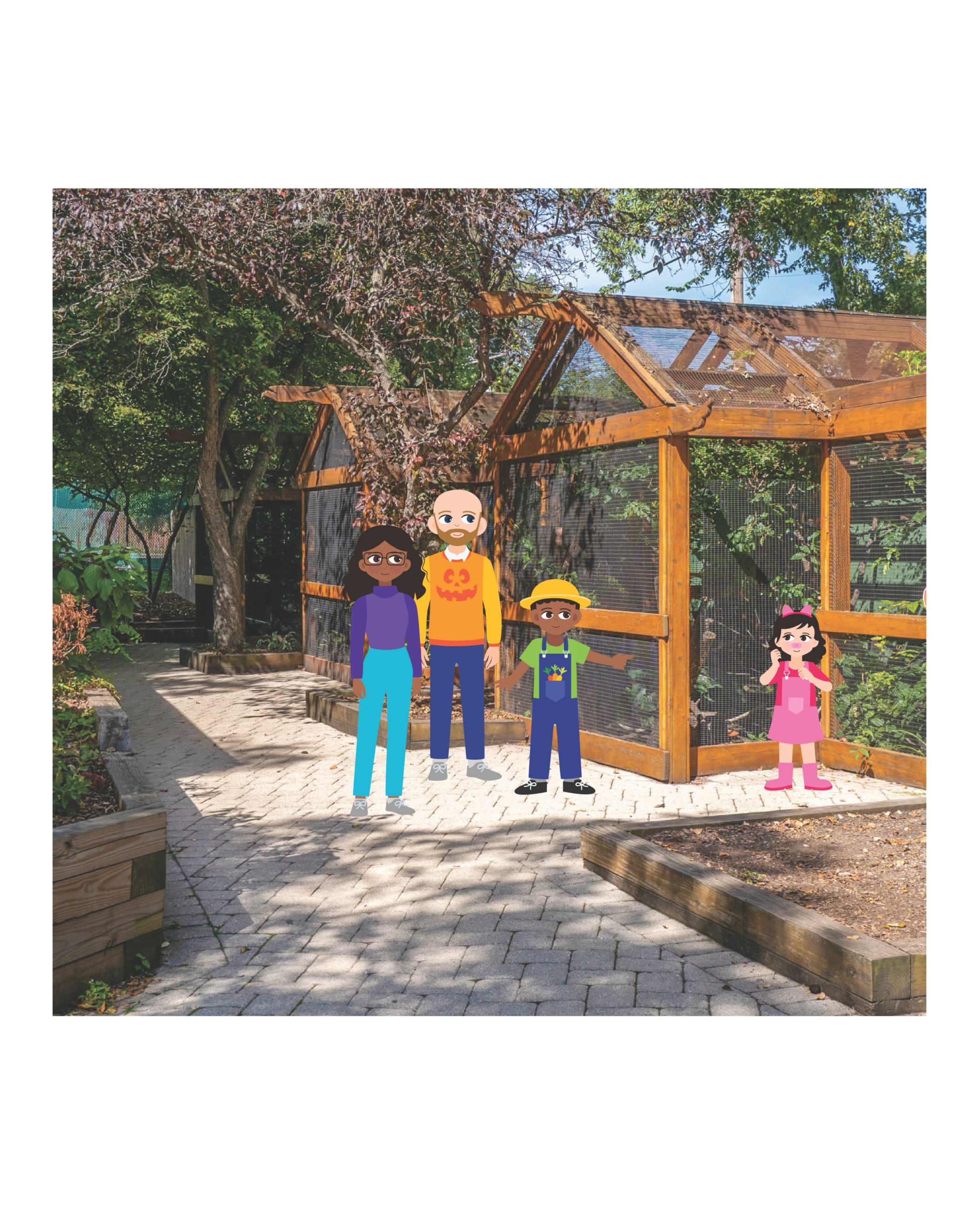 family at zoo in front of mesh enclosures