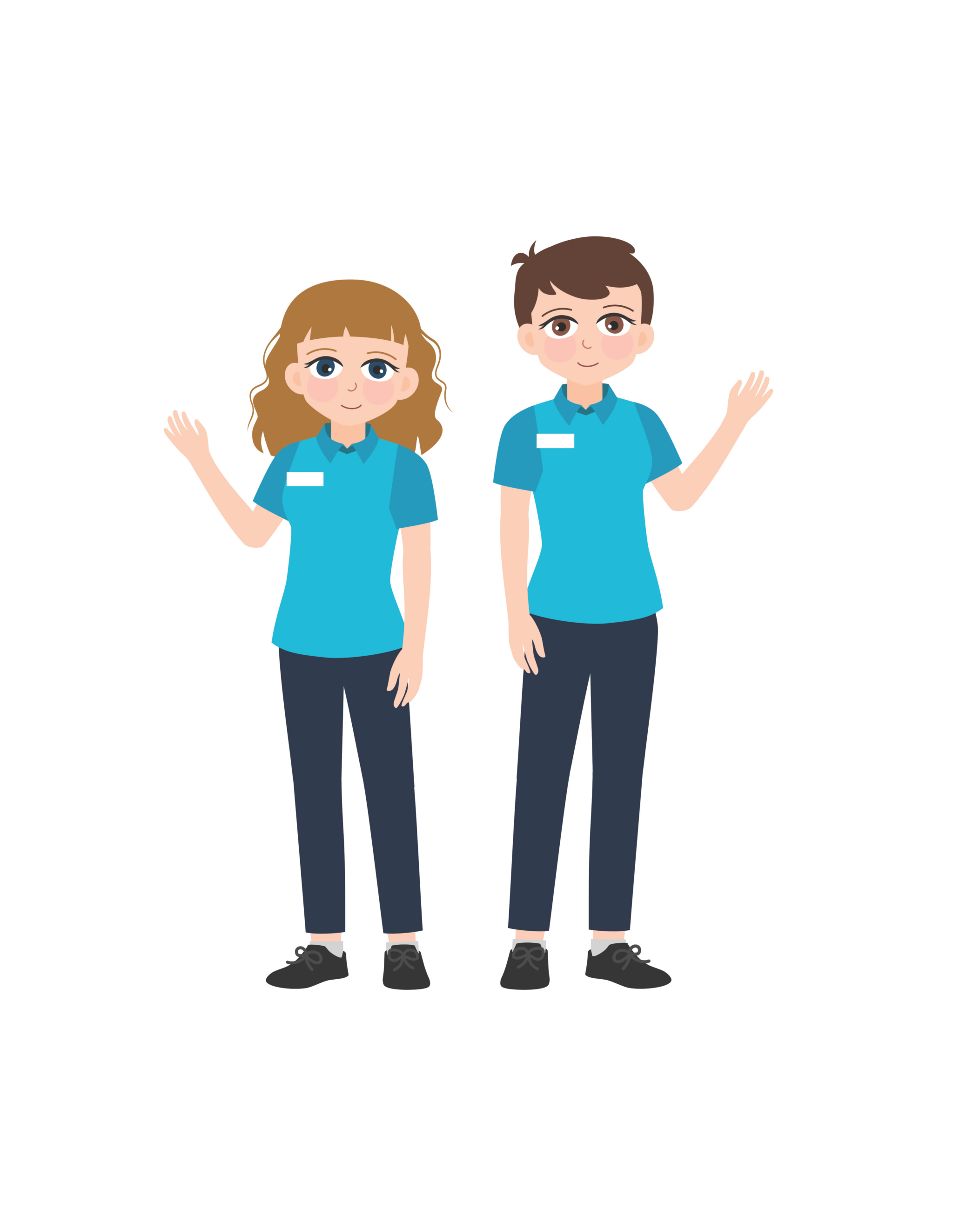 Cosley Zoo staff, a woman and a man in blue shirts with nametags, waving.