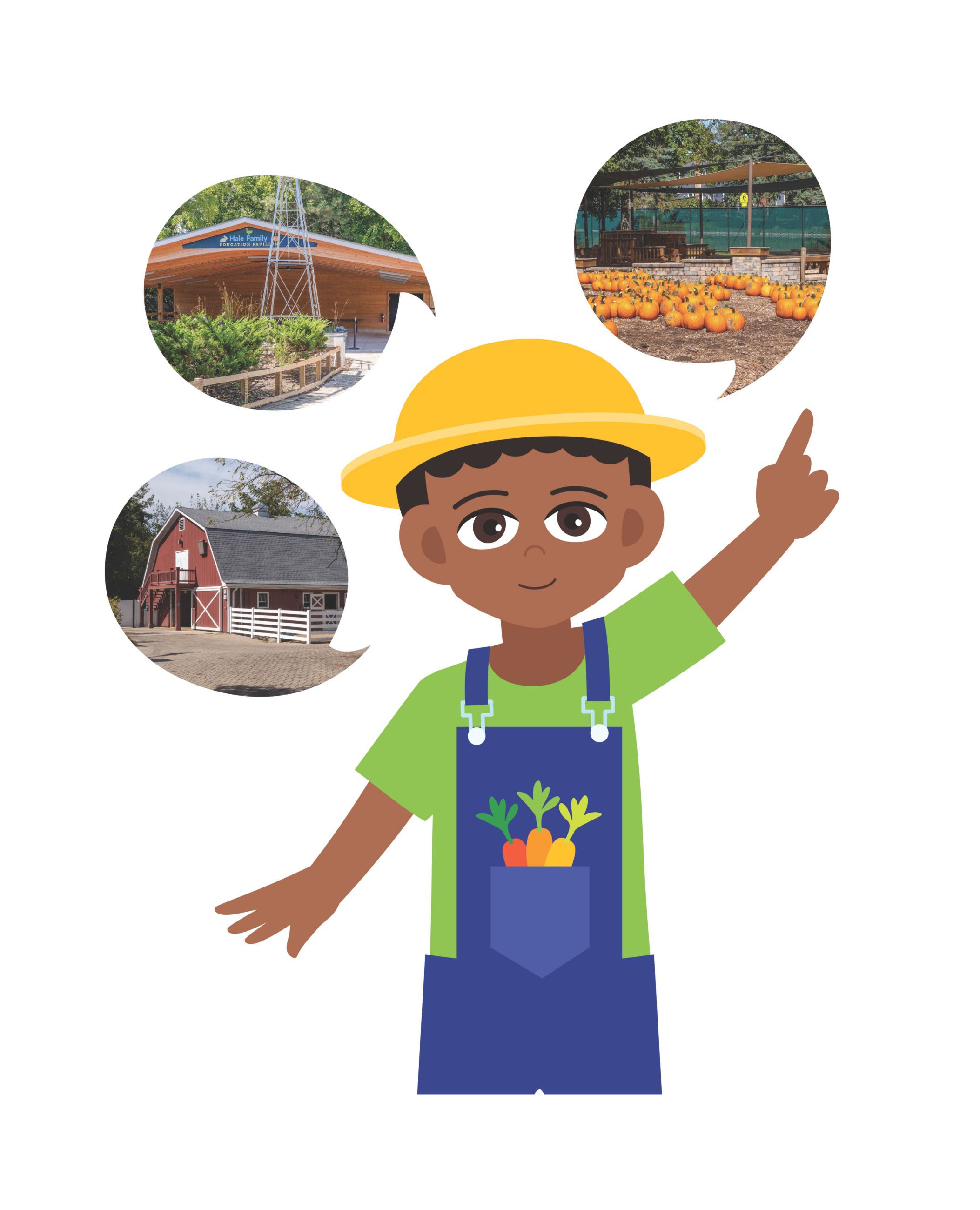 boy points to pavilion, barn, and pumpkin patch, representing places to visit.