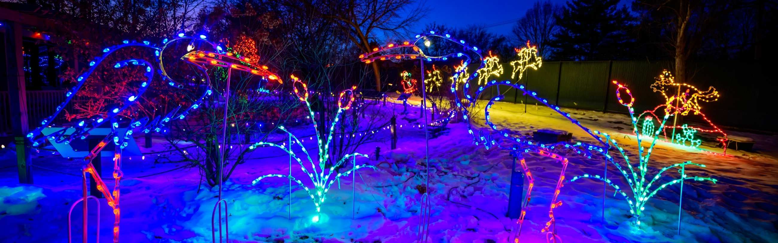 Colorful holiday lights and displays on a snowy lawn