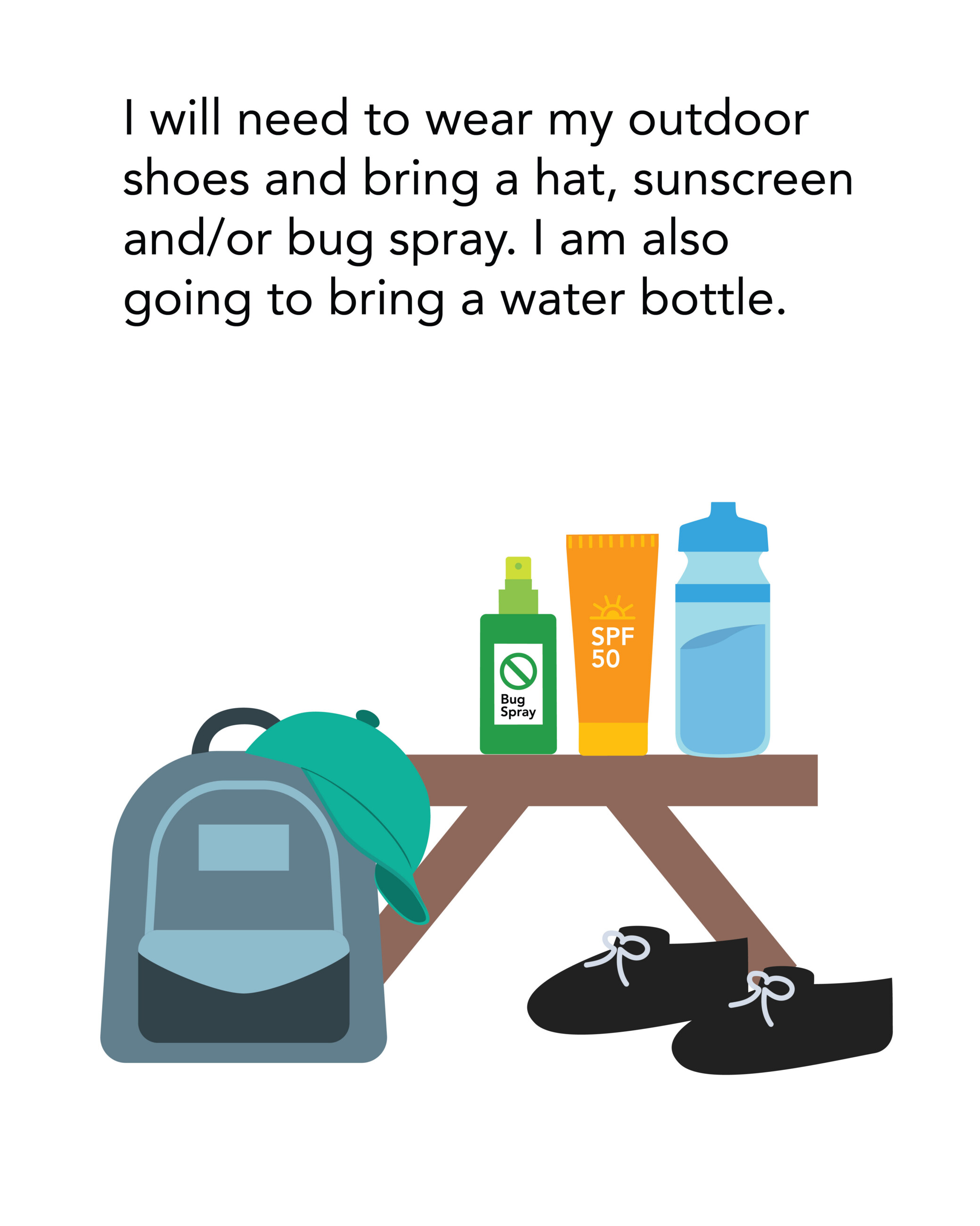 Backpack, hat, shoes, sunscreen, bug spray and water bottle