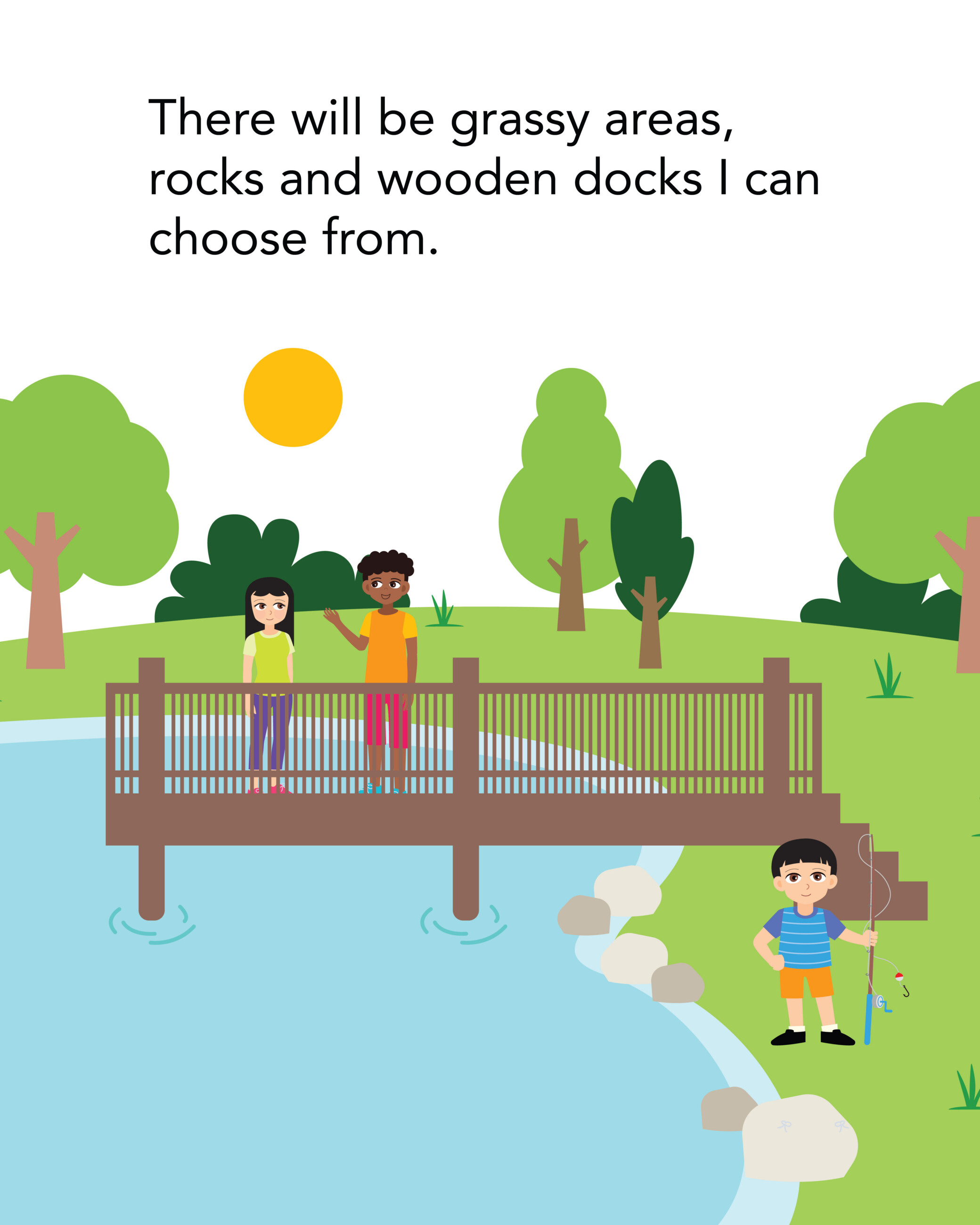 Landscape of a wooden dock with rocks and grassy area