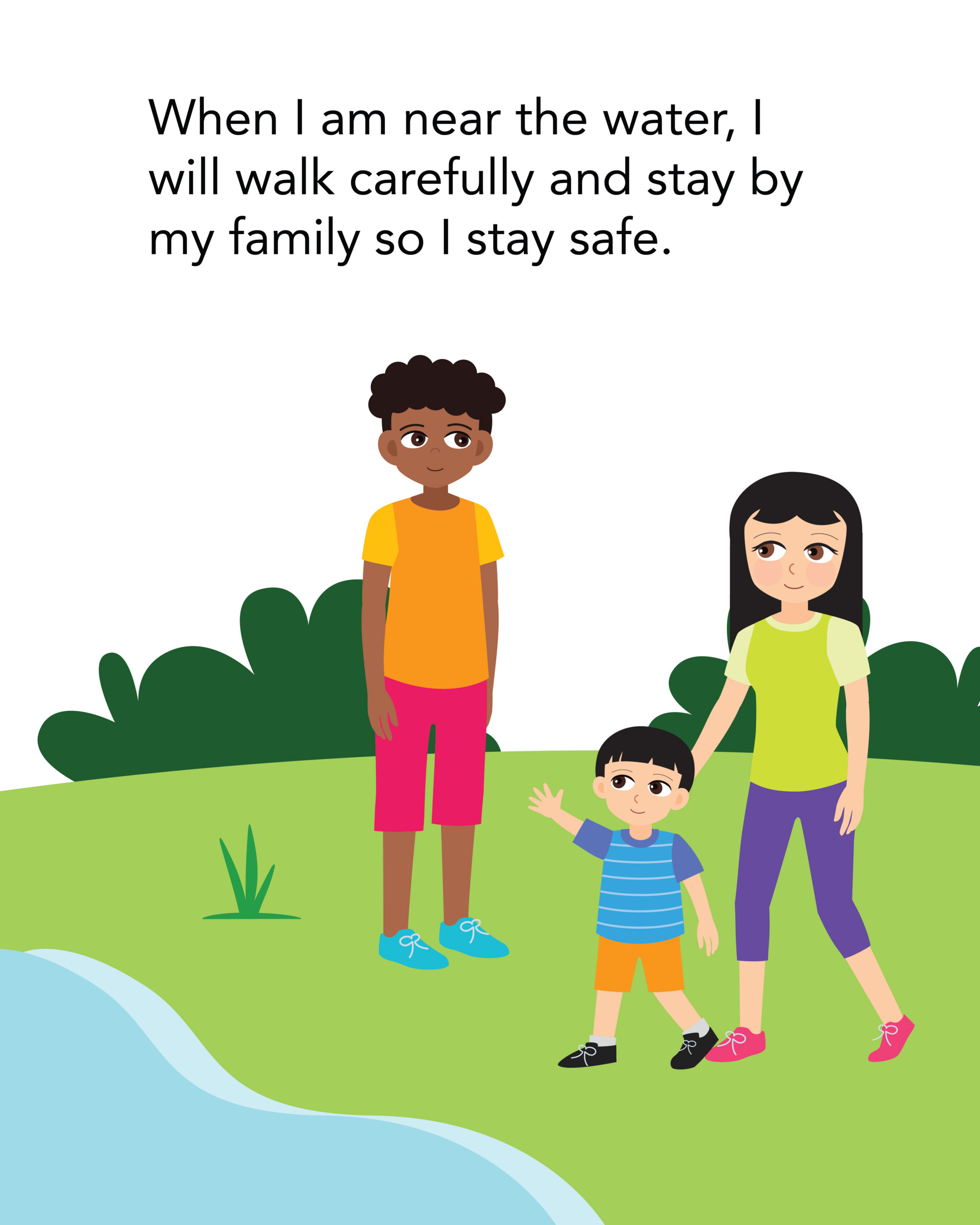 Little boy will stay by his family when near the water 