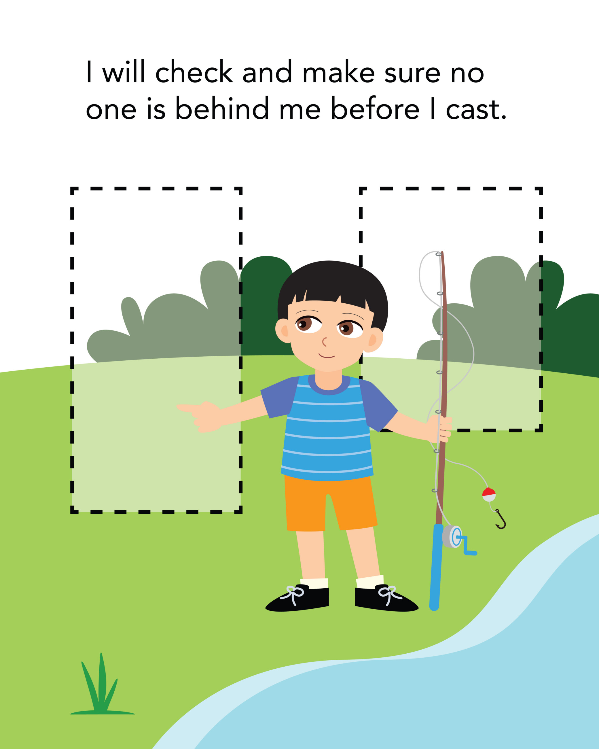 Little boy checks his surroundings before he casts his fishing rod