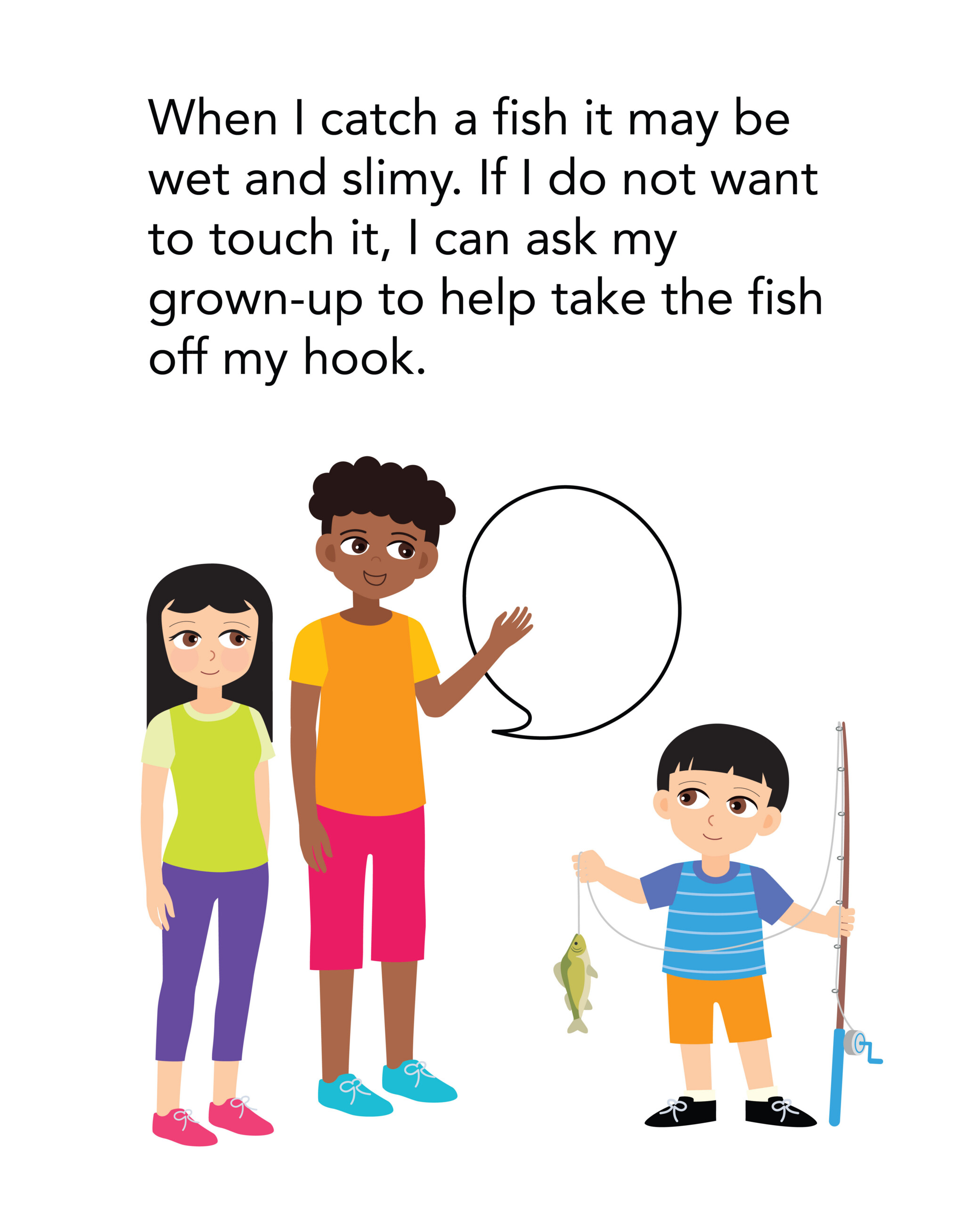 Little boy catches fish and asks family for help to take the fish of the hook