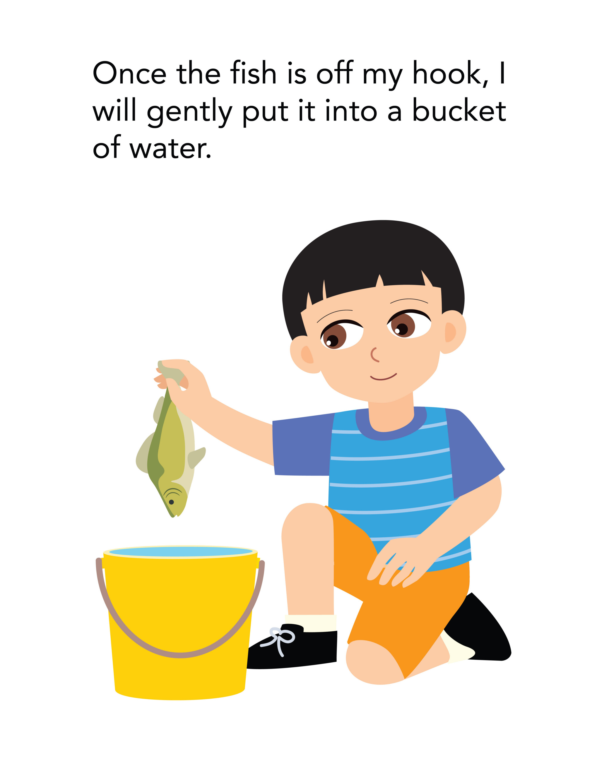 Little boy places fish into bucket filled with water