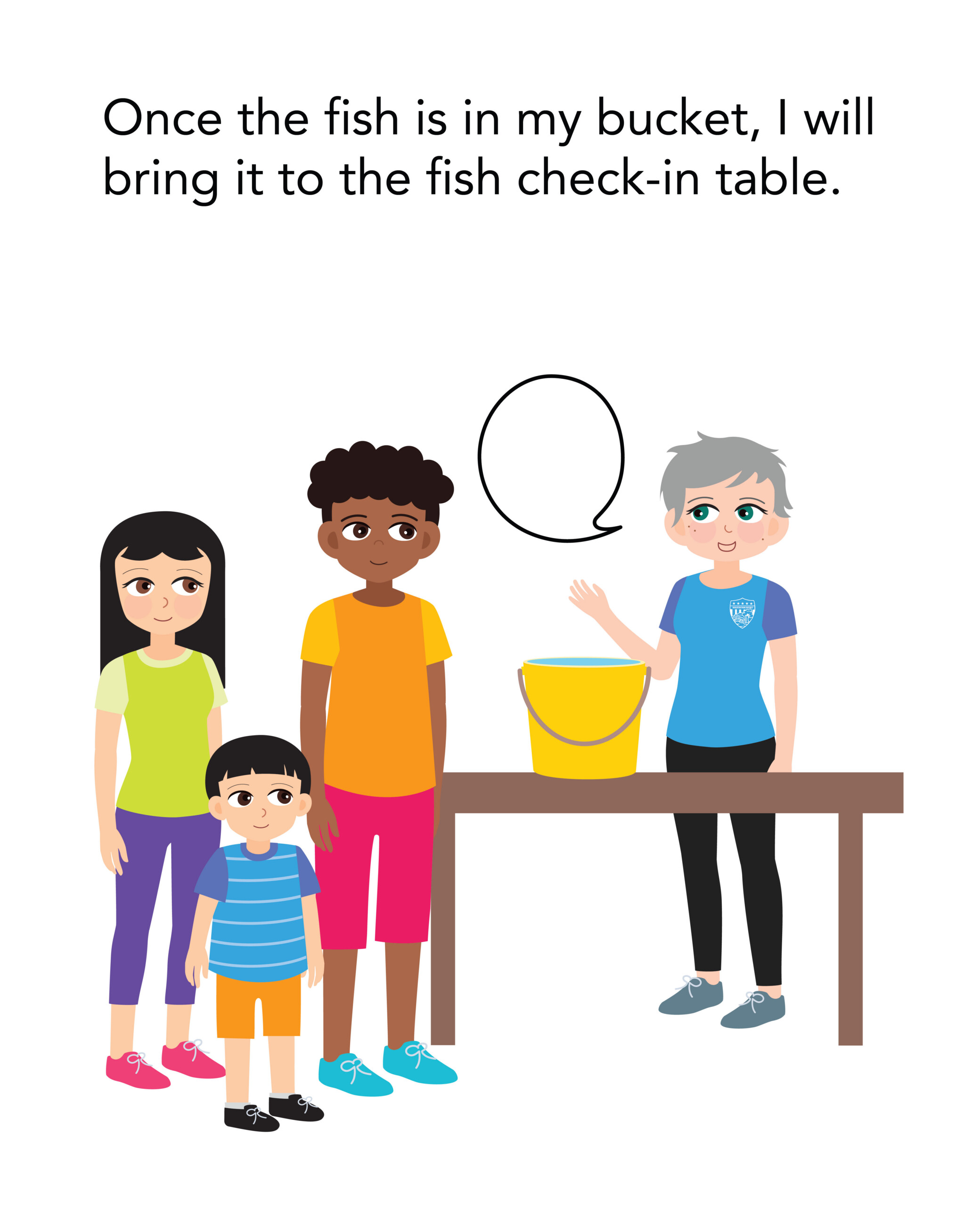 Little boy and his family brings fish to check-in table