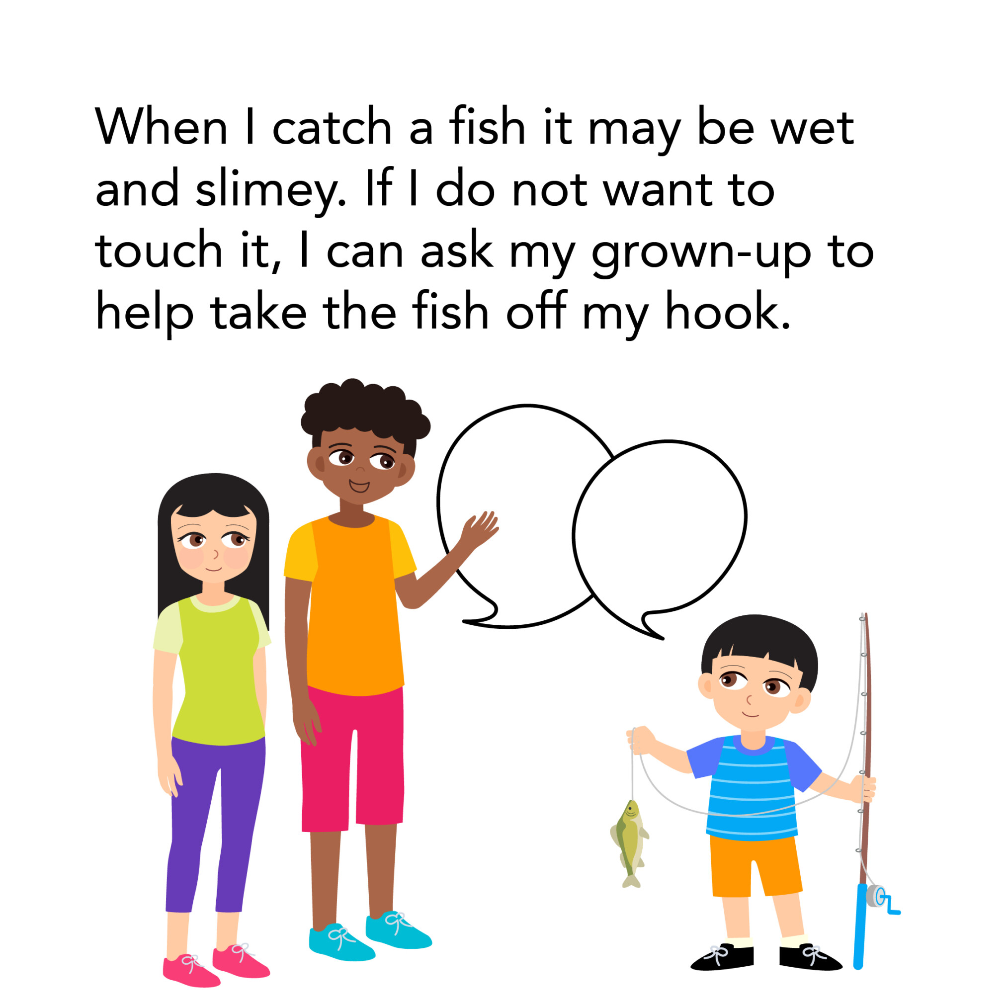 Fish-O-Rama Social Story 2025_12 Little boy catches fish and asks family for help to take the fish of the hook