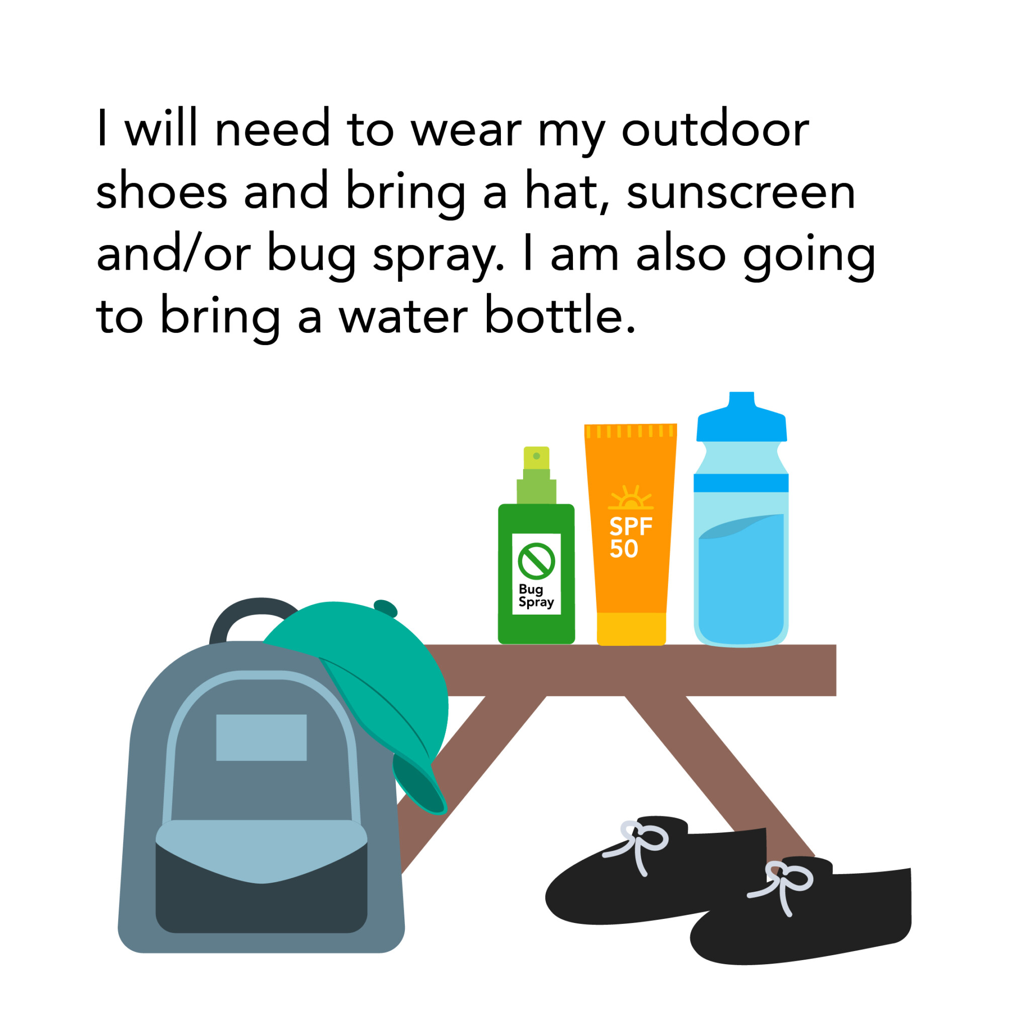 Fish-O-Rama Social Story 2025_4 Backpack, hat, shoes, sunscreen, bug spray and water bottle