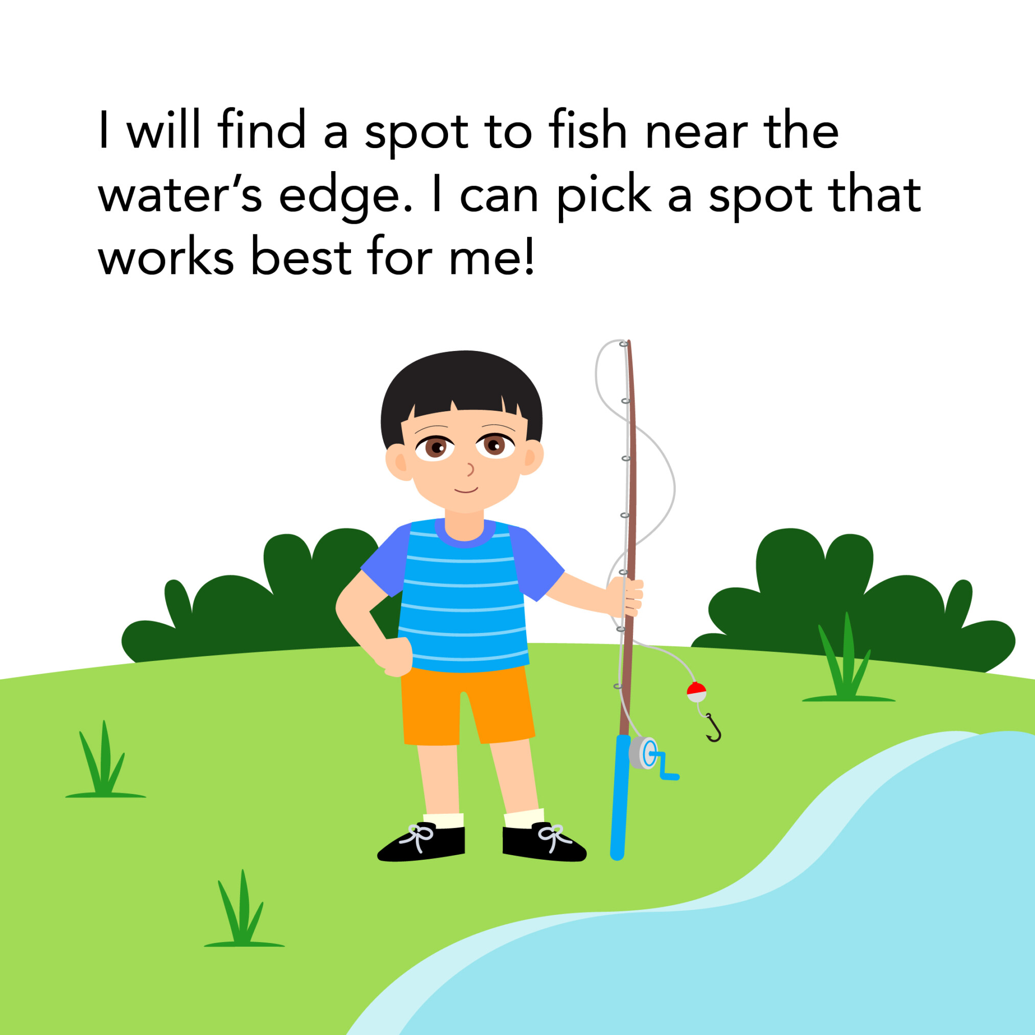 Fish-O-Rama Social Story 2025_8 Little boy picks fishing spot near the water's edge