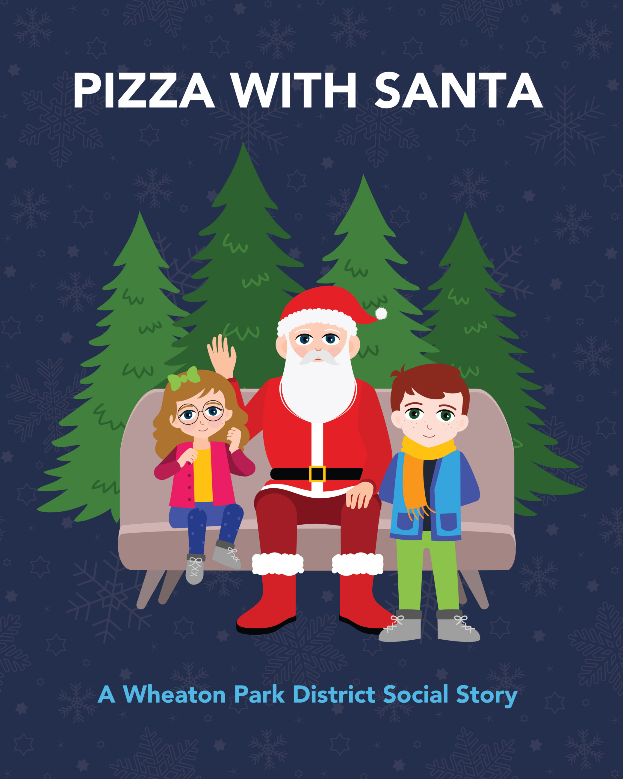 two children having Pizza with Santa with pine trees