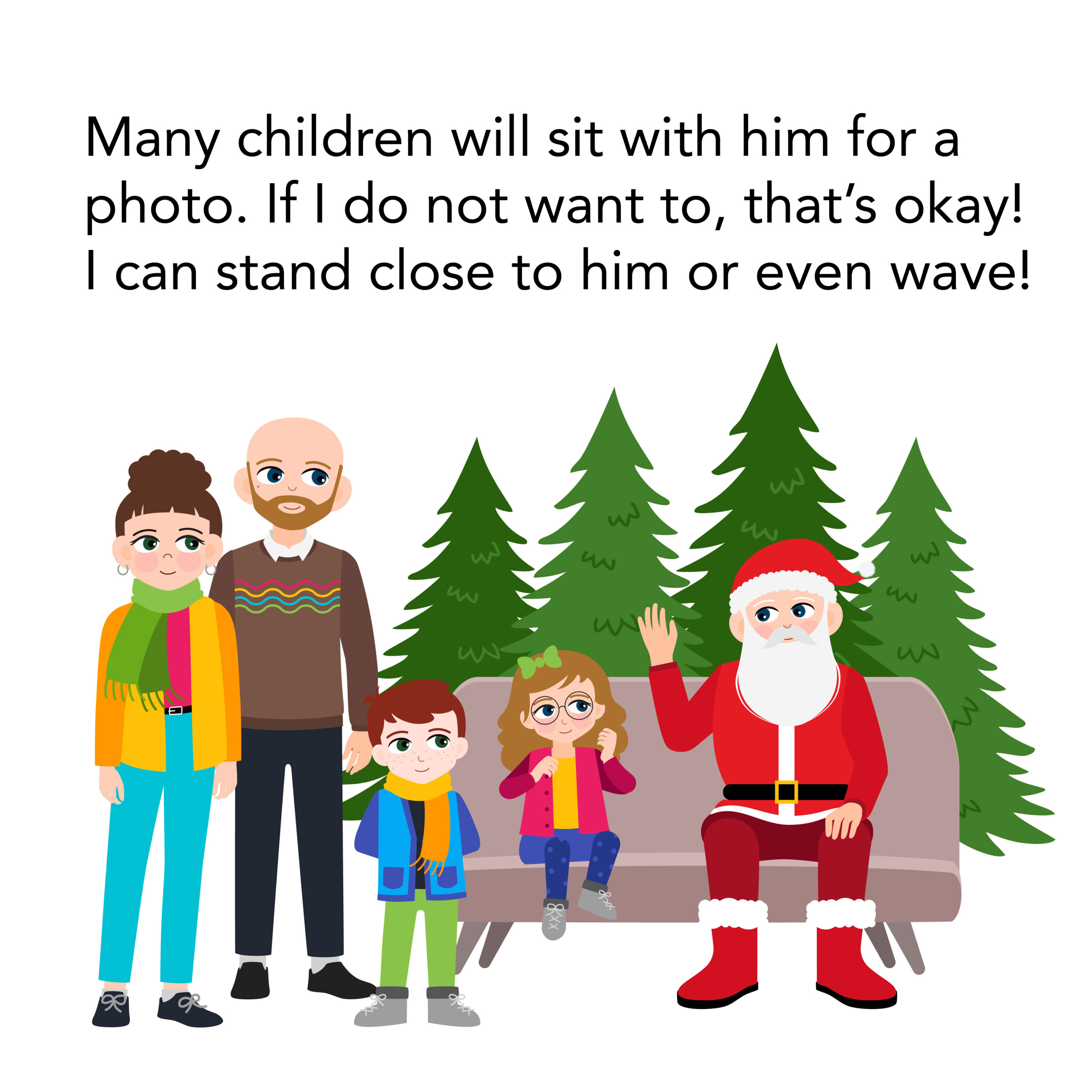 Family sits next to Santa to take photo