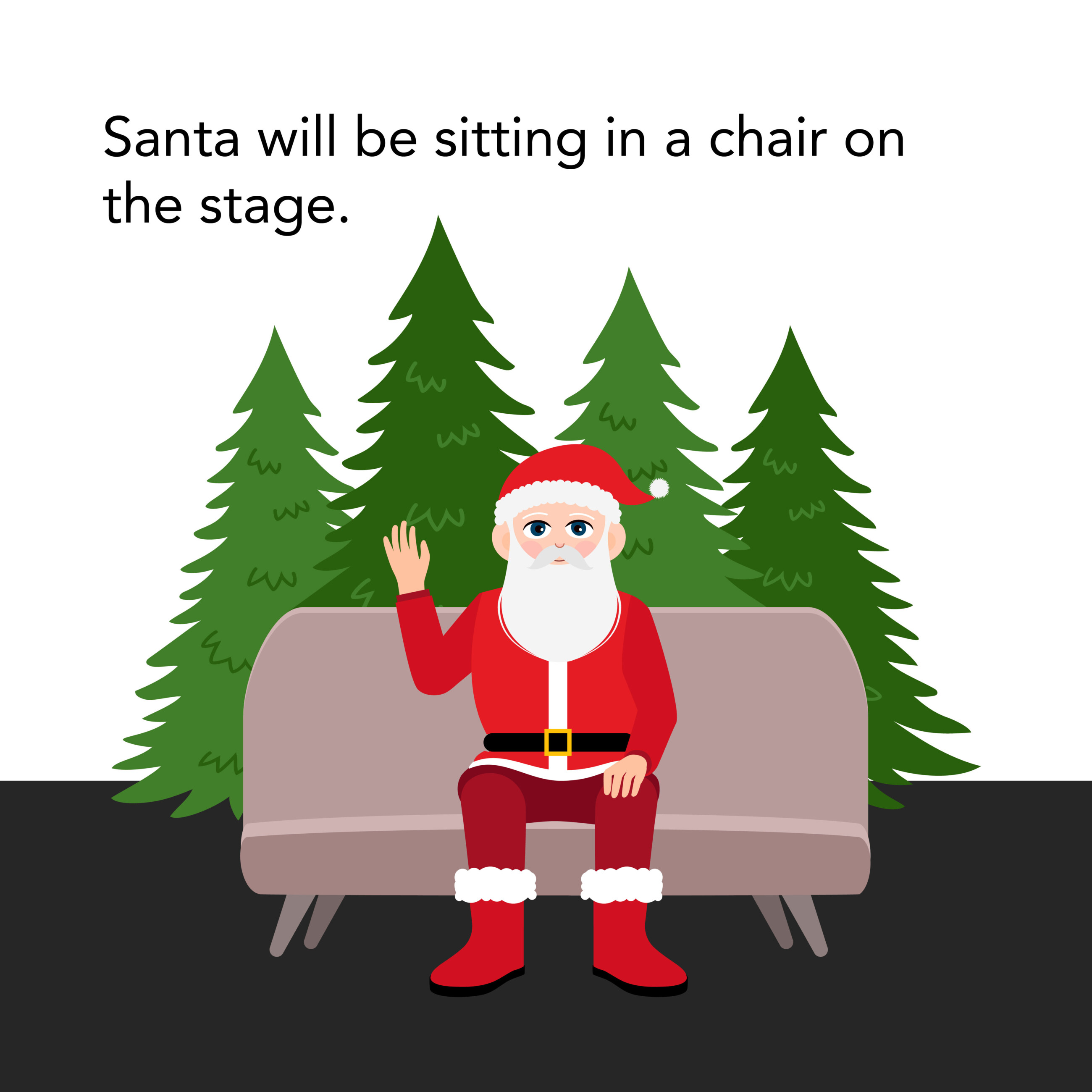 Santa sitting in a chair on stage with Christmas trees in background