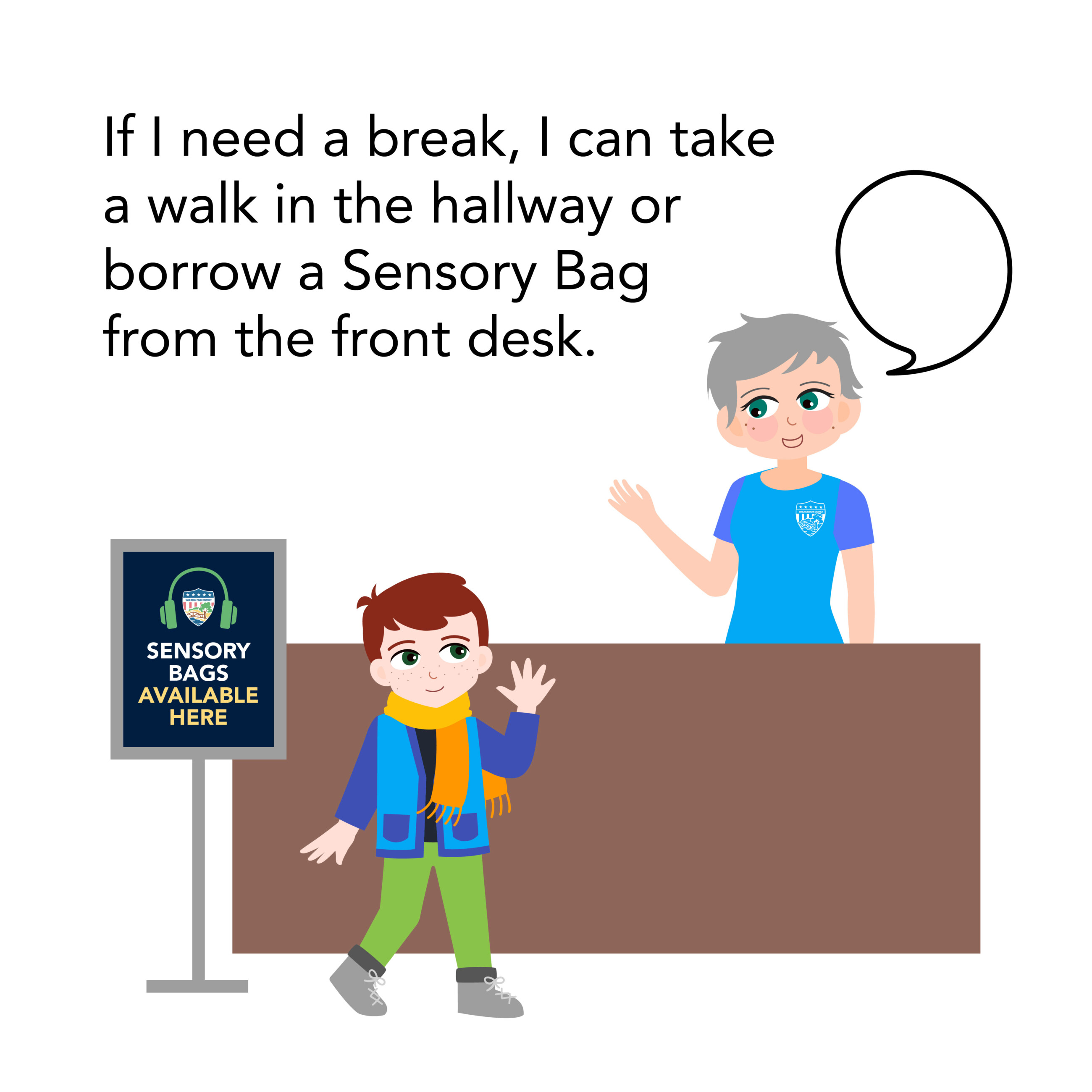 Little boy greets staff at front desk to borrow a sensory bag or walks down the hallway to take a break