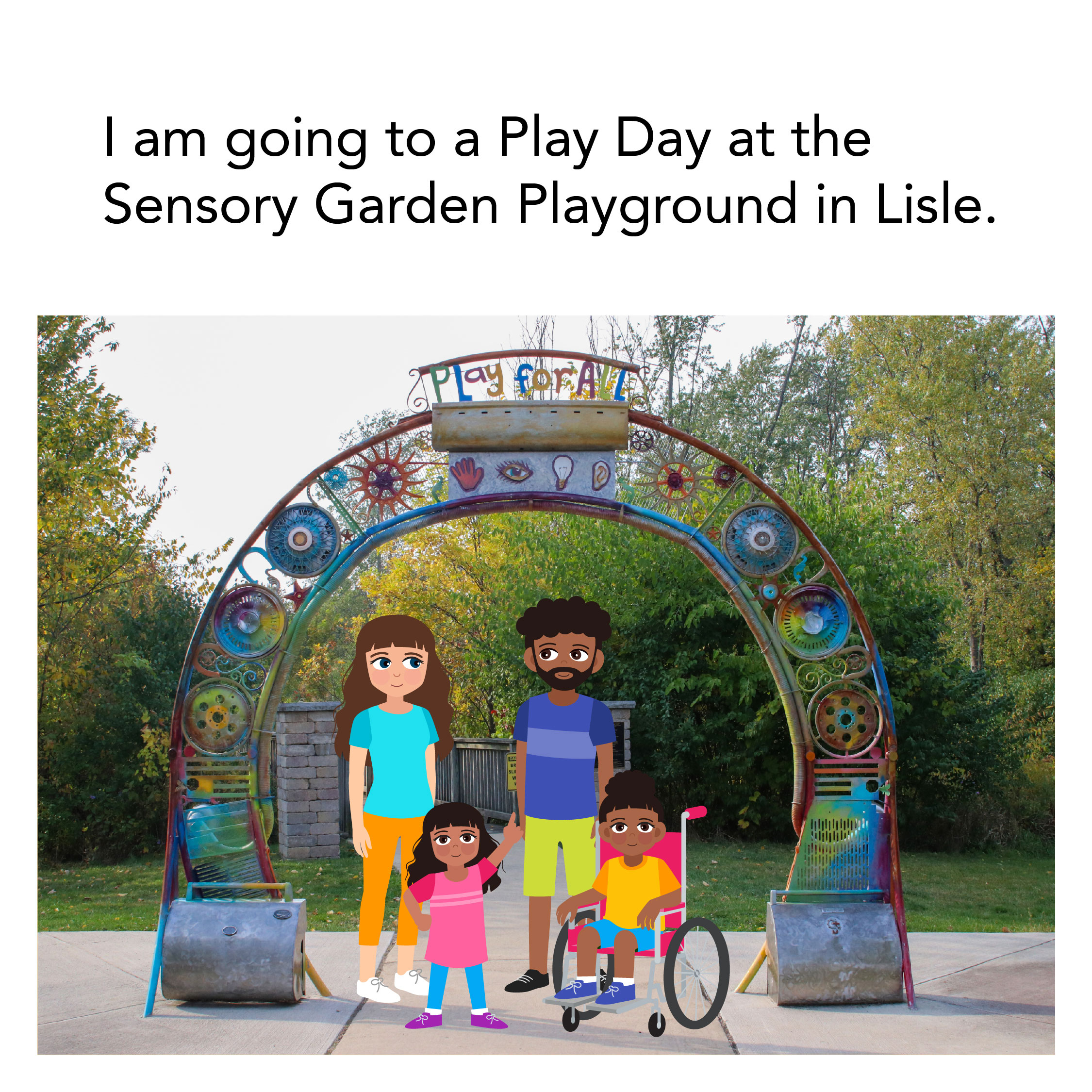 SGP-Play-Days-Social-Story-2025_1 Family standing in front of arch entrance of Sensory Garden Playground