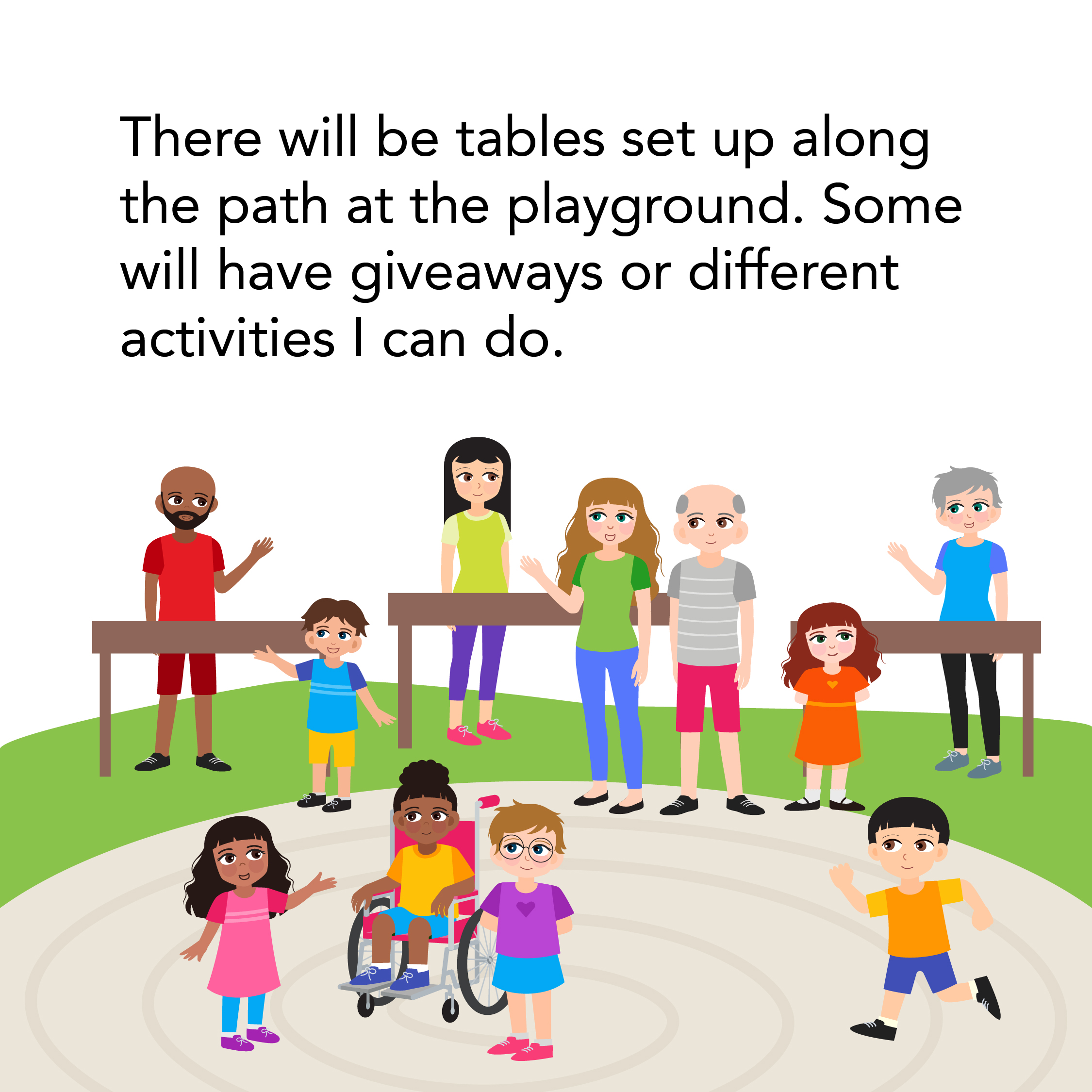 SGP Play Days Social Story 2025_3 Tables are set up along the path at the playground for giveaways or different activities