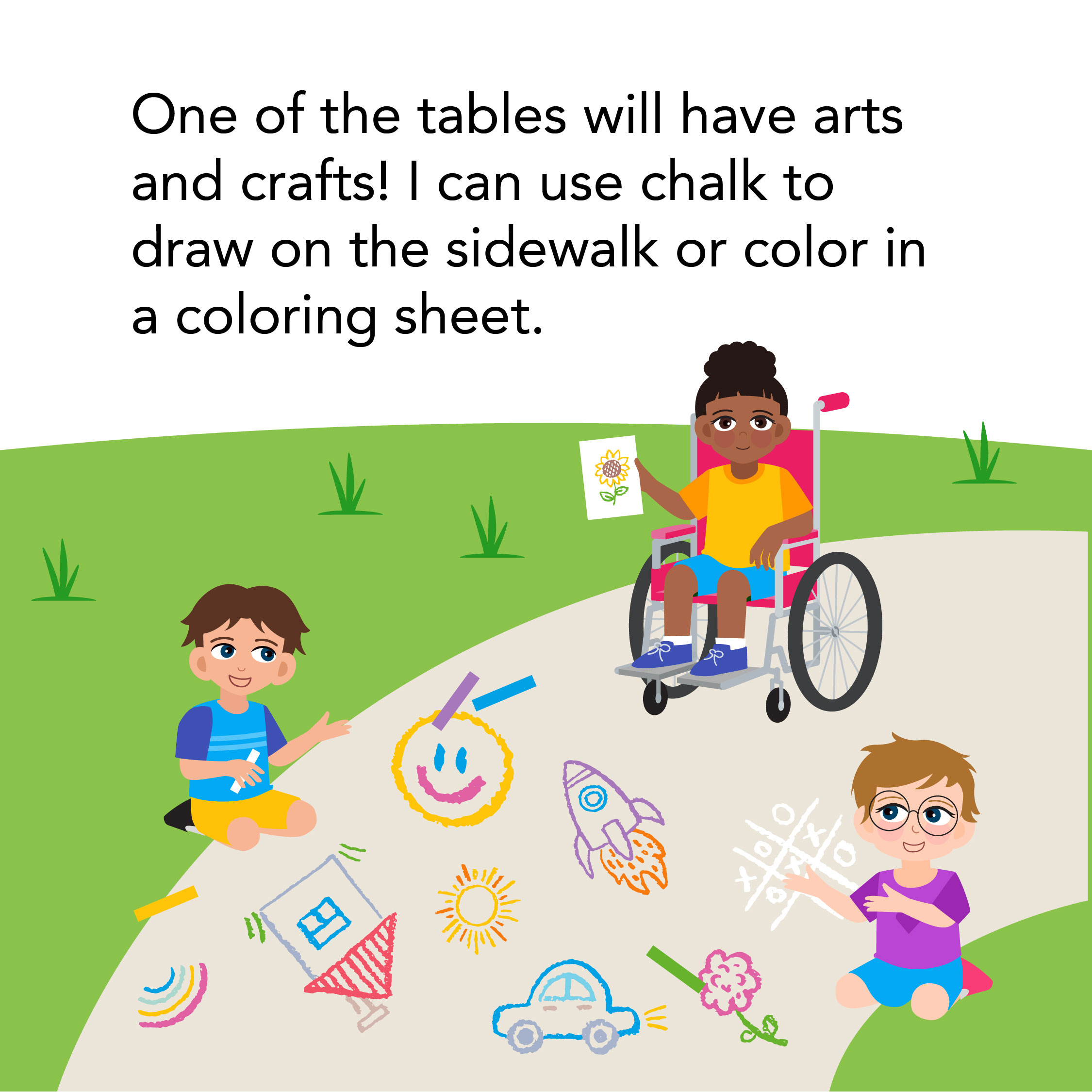 SGP-Play-Days-Social-Story-2025_4 Children drawing on sidewalk or coloring sheet