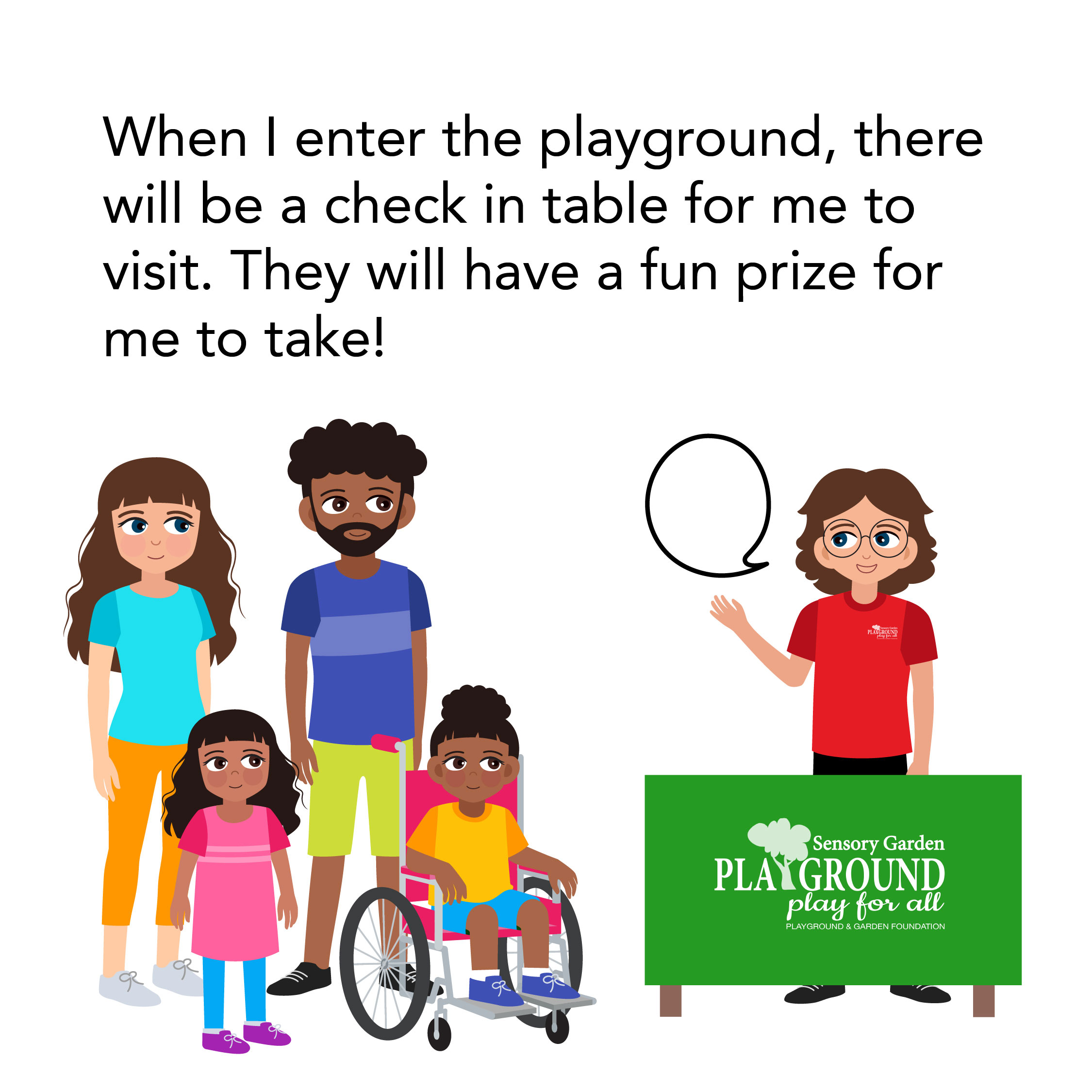 SGP Play Days Social Story 2025_Getting Dressed Family approaches check in table and receive fun prizes