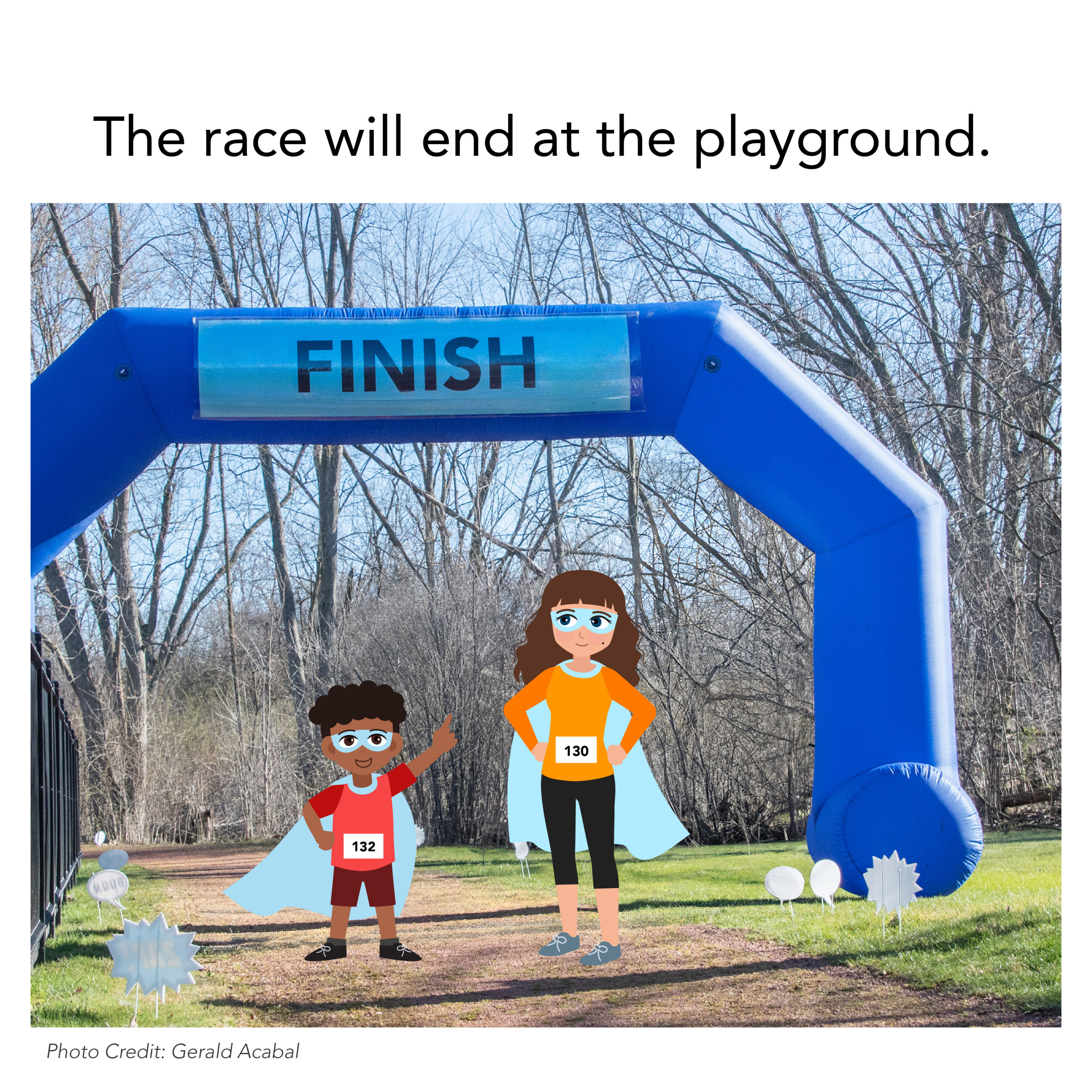 illustration of an adult and child in capes and masks standing at the finish line