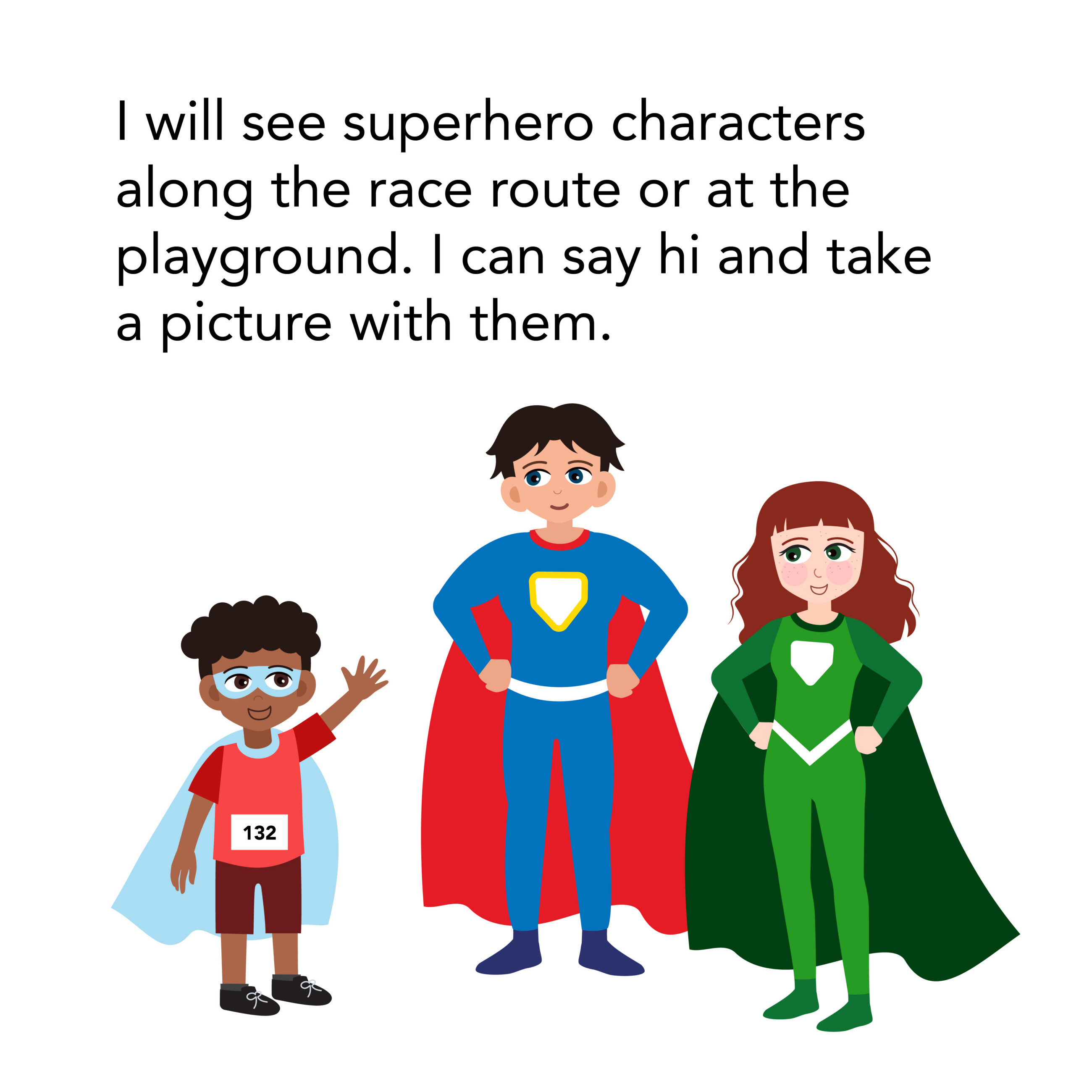 child in cape waves to two superheroes