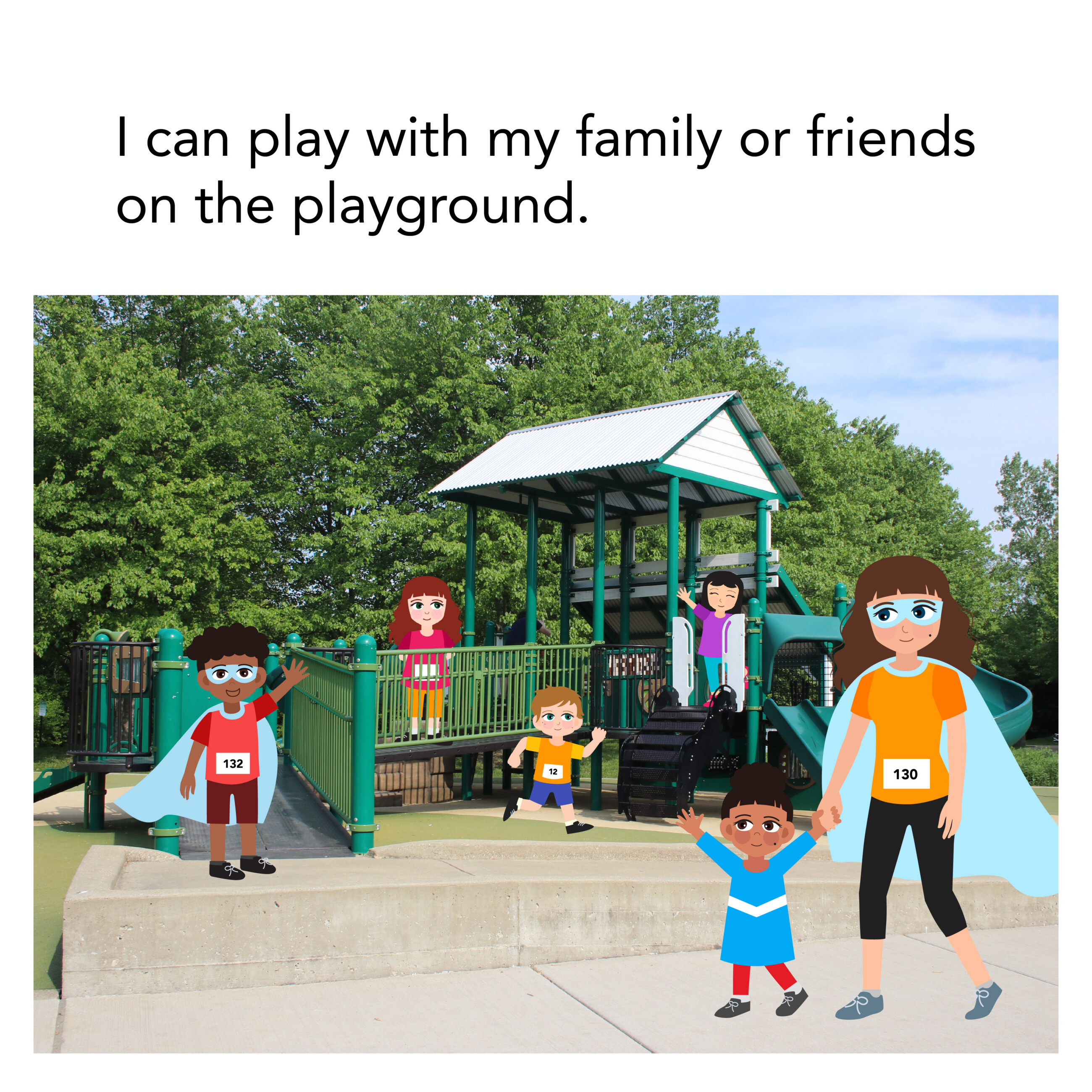 children play on playground, one child holds an adult's hand
