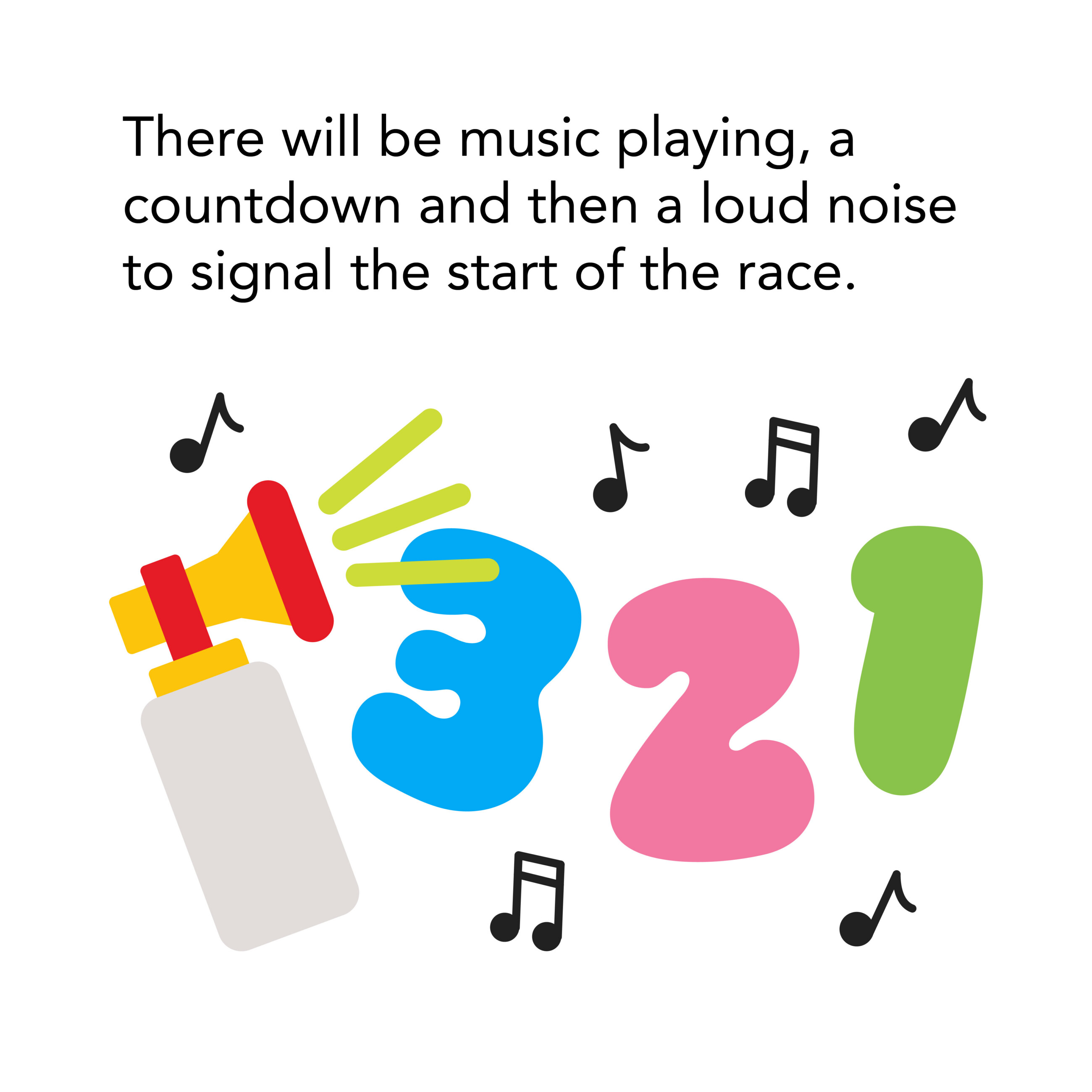 megaphone or bullhorn, with music notes and stylized numbers, 3-2-1