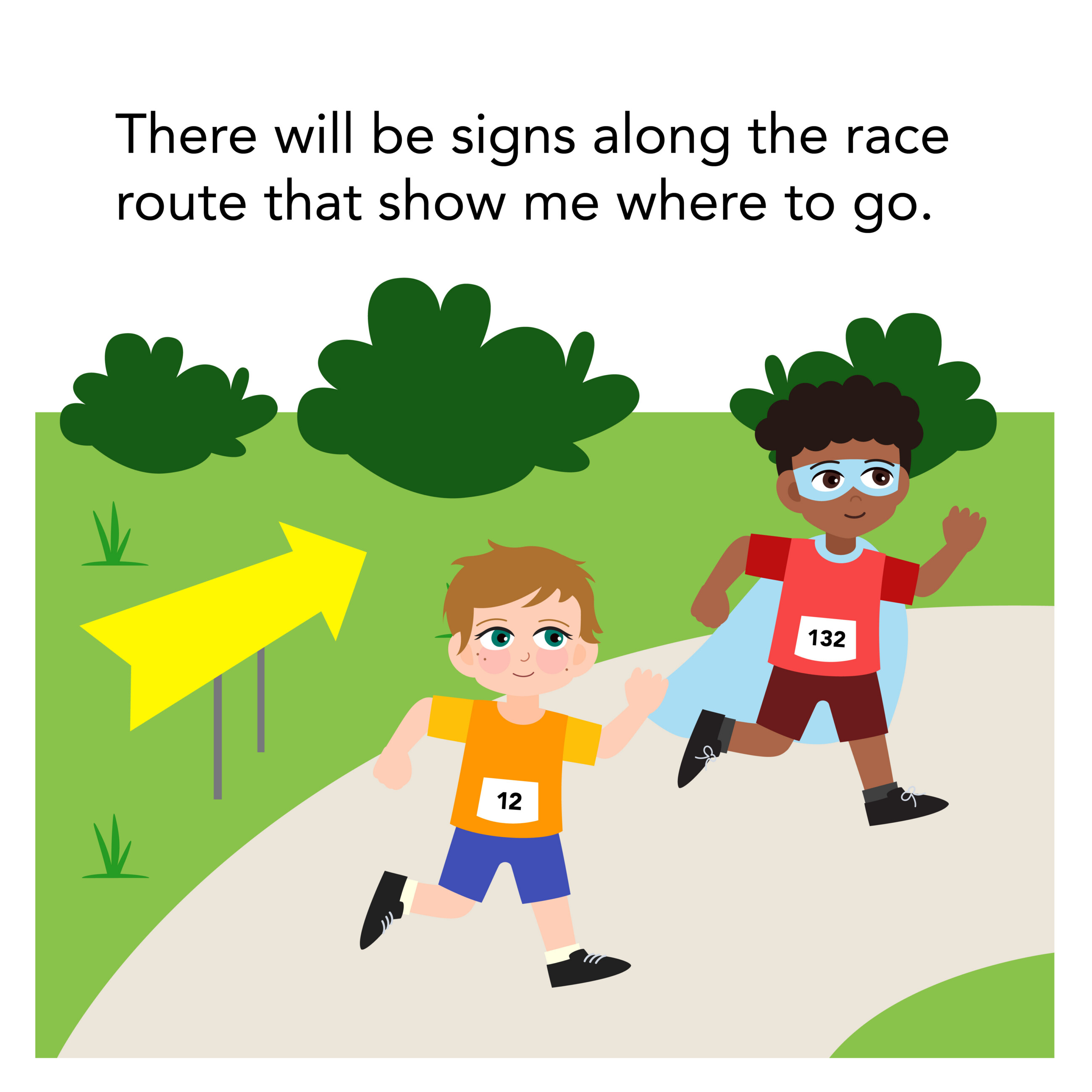 children running on a path with an arrow sign pointing the way to run