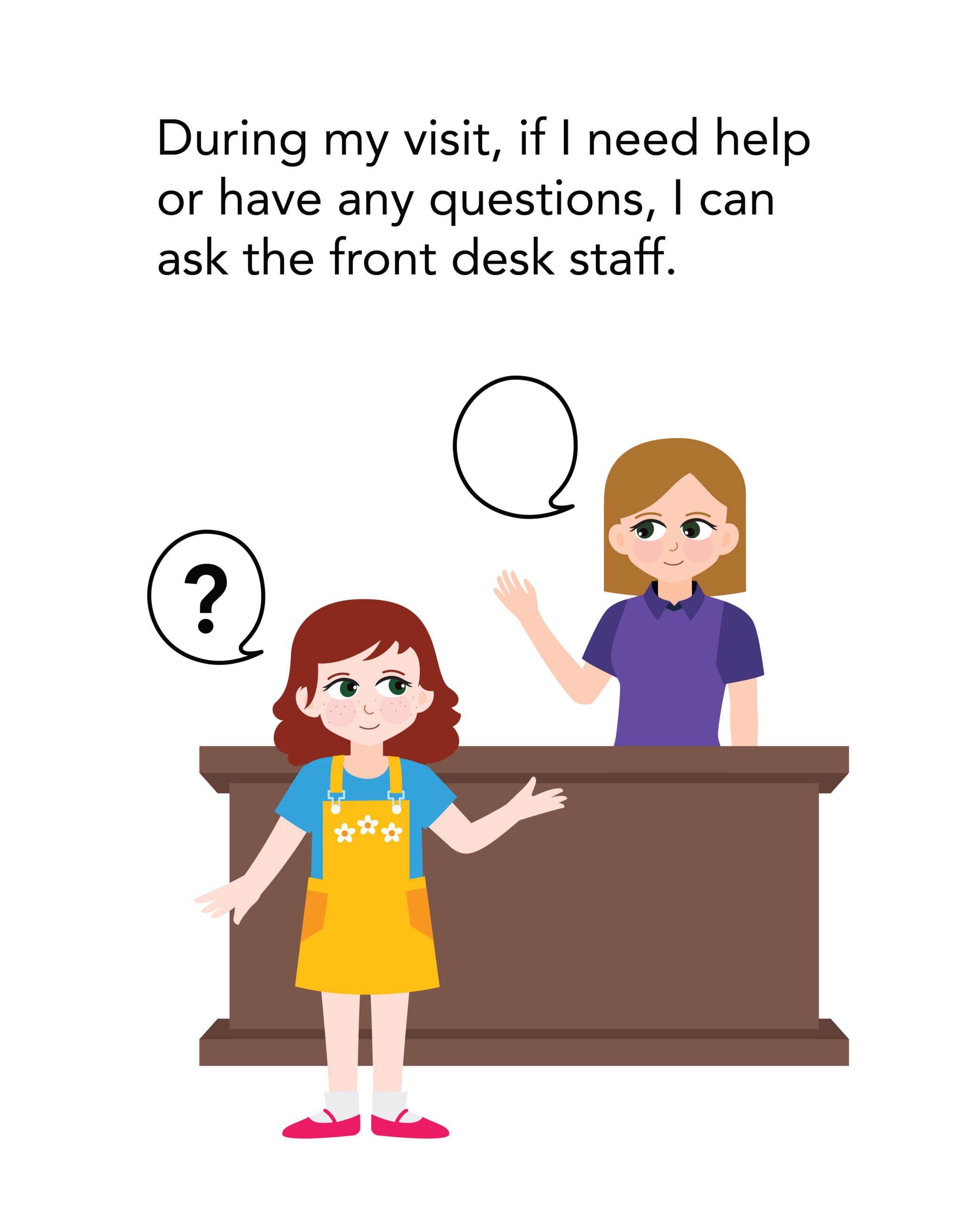 During my visit, if I need help or have any questions, I can ask the front desk staff.