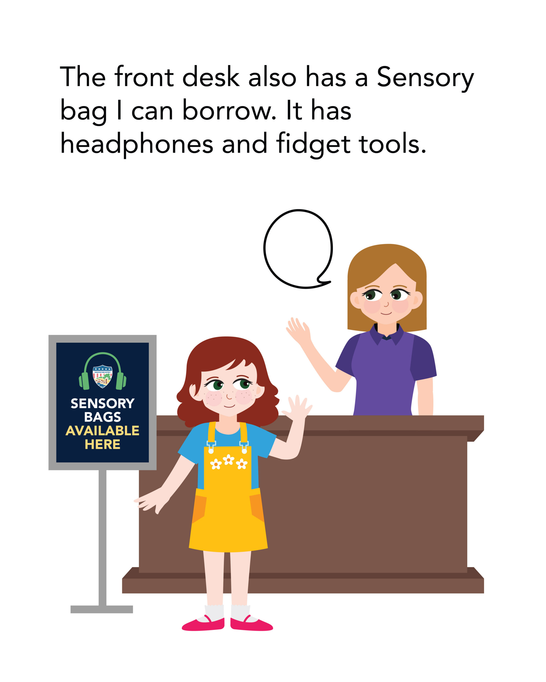 The front desk also has a Sensory bag I can borrow. It has headphones and fidget tools.