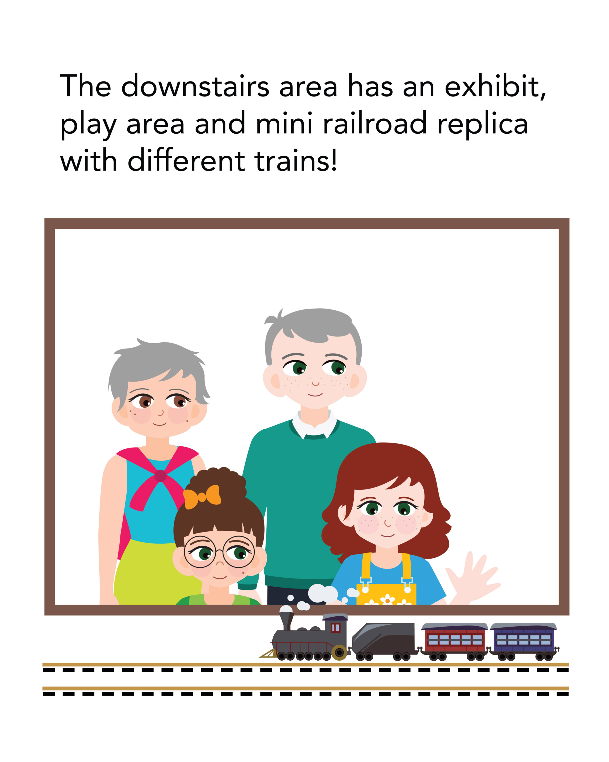 The downstairs area has an exhibit, play area and mini railroad replica with different trains!