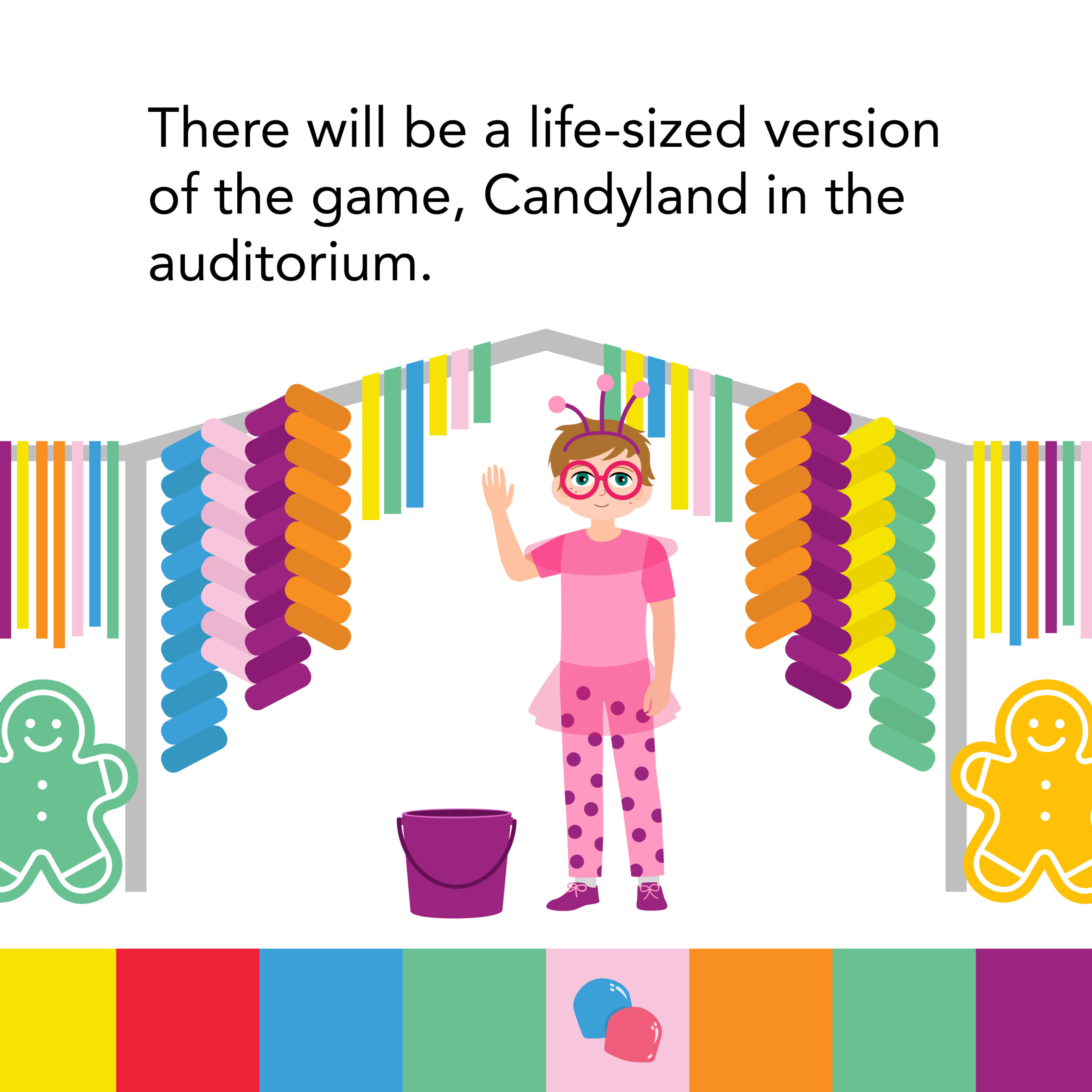 Girl playing at Candyland a life-sized version of the game