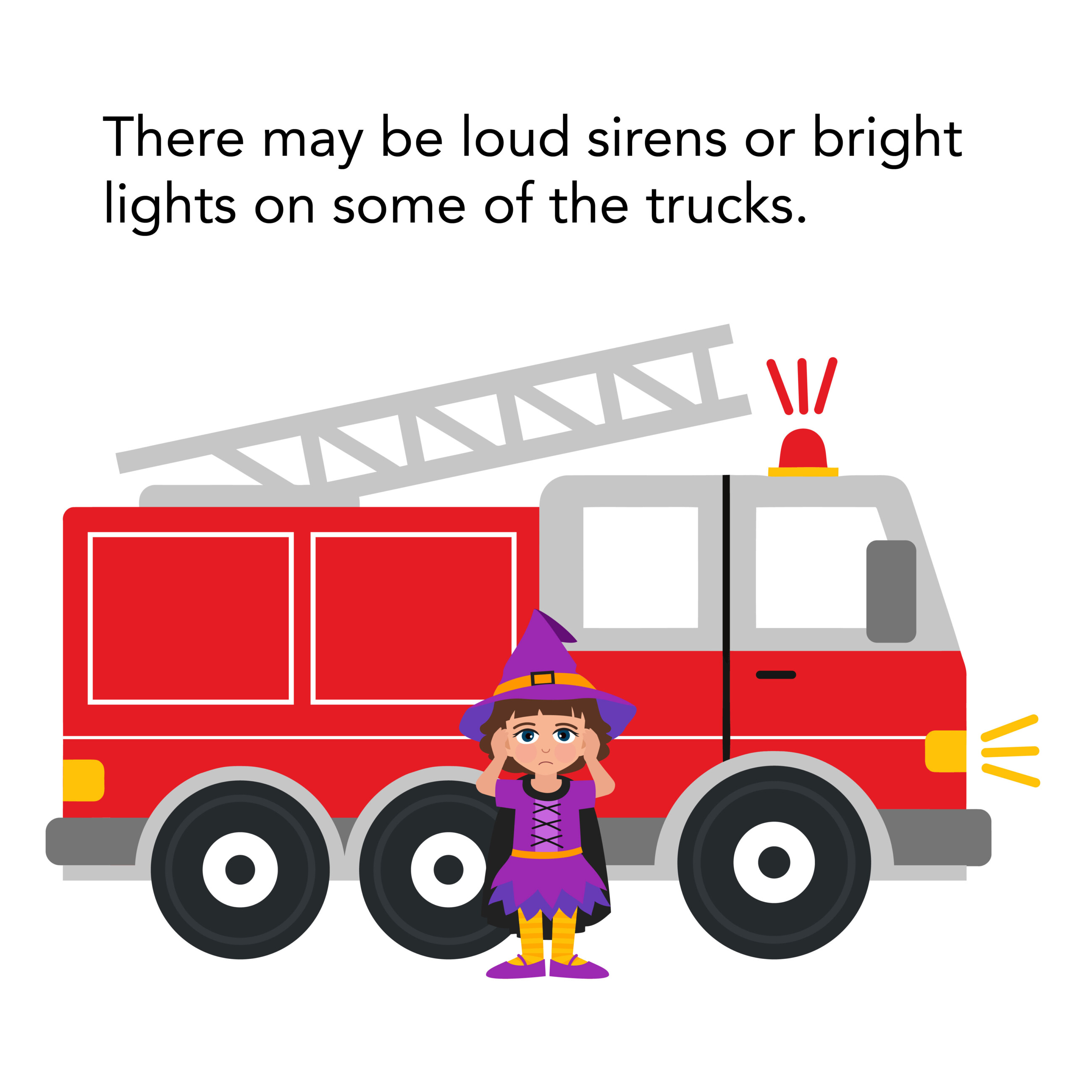 Little girl standing in front of a fire truck with bright lights and loud sirens