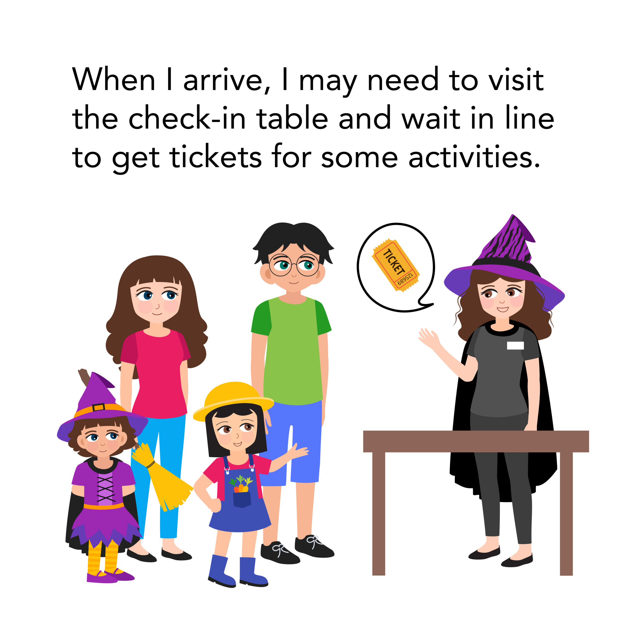 Families with their children at check-in table to get tickets for some activities