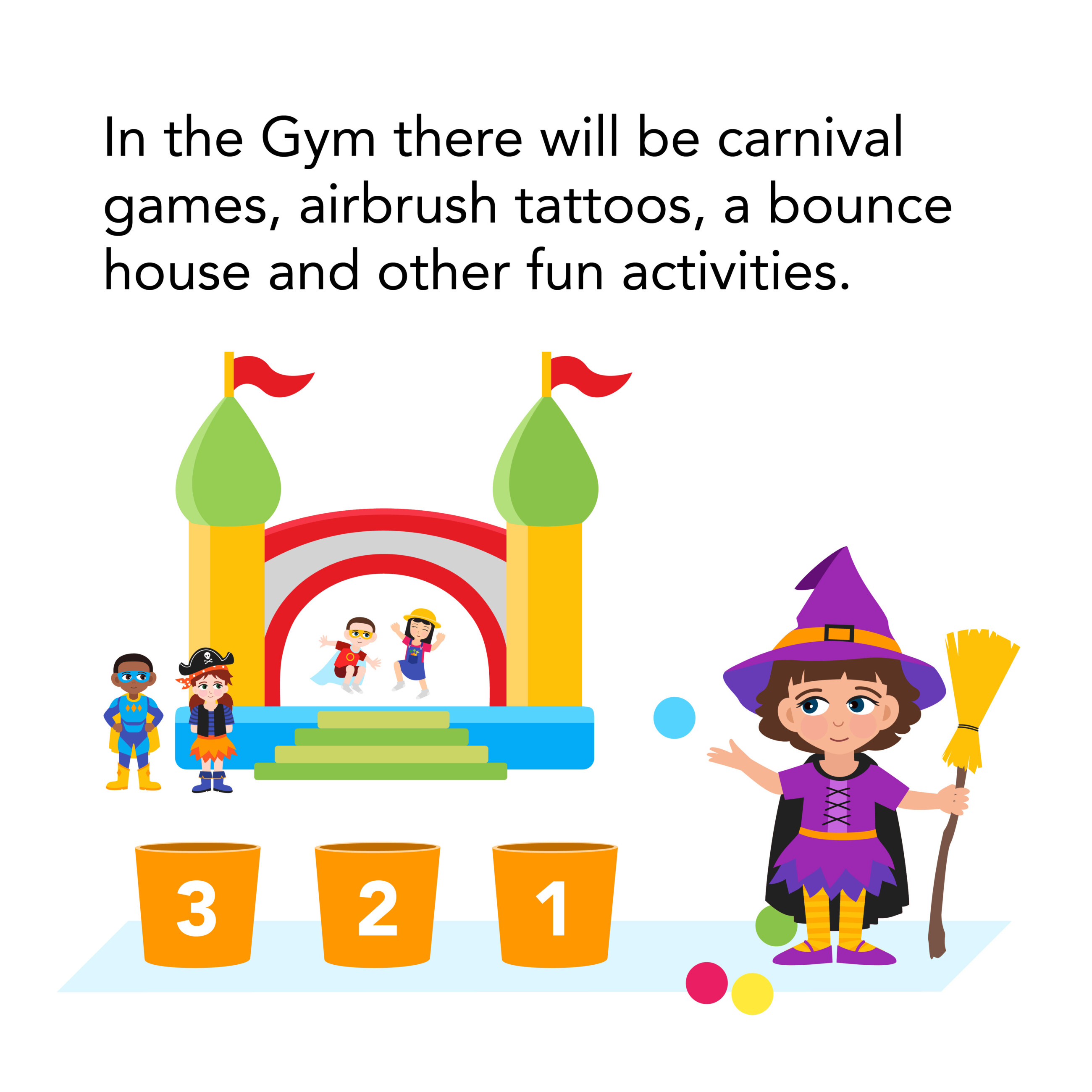 Group of children playing carnival games and jumping on a bounce house