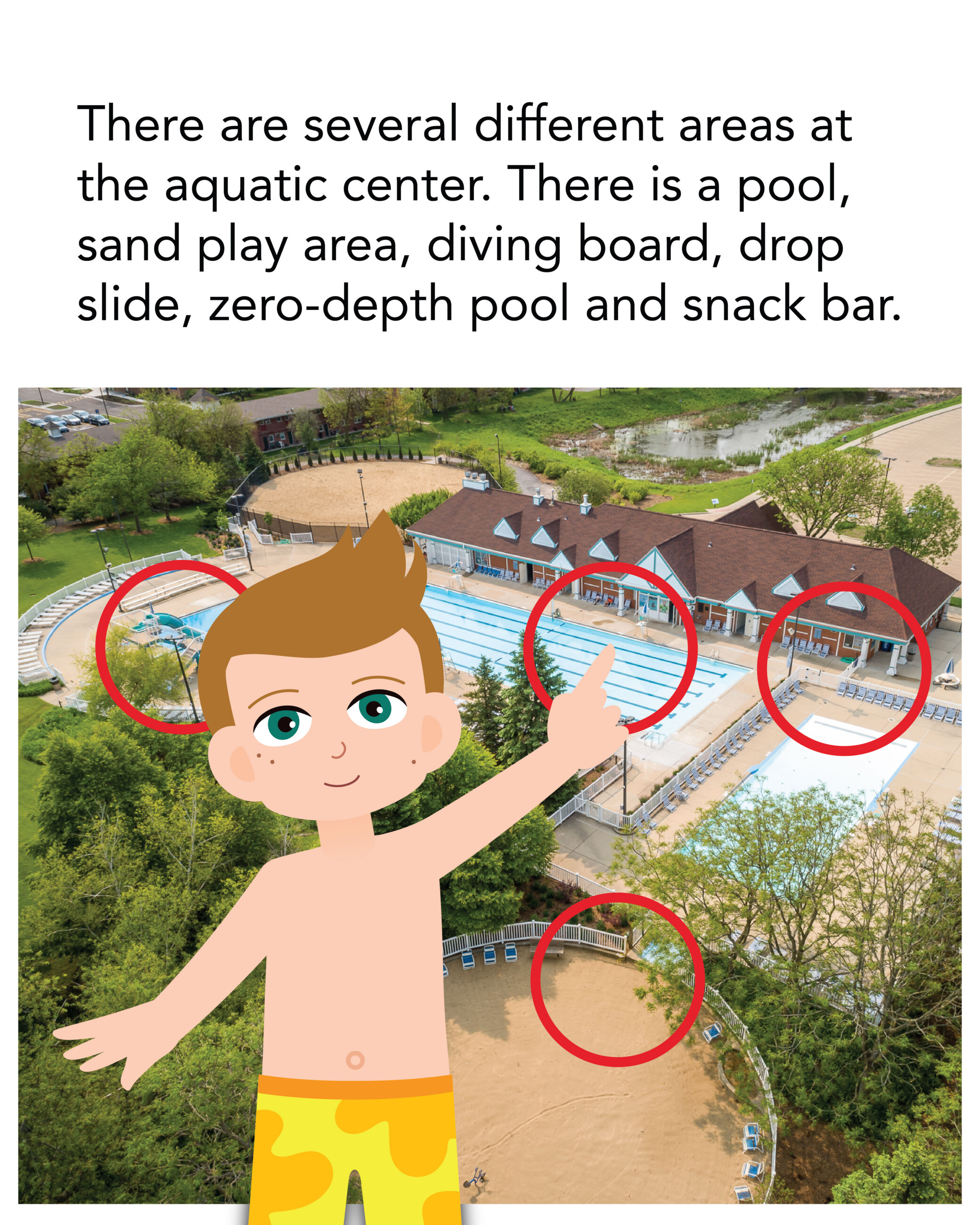 SS Northside Pool_13 There are several different areas at the aquatic center. There is a pool, sand play area, diving board, drop slide, zero depth pool and snack bar.