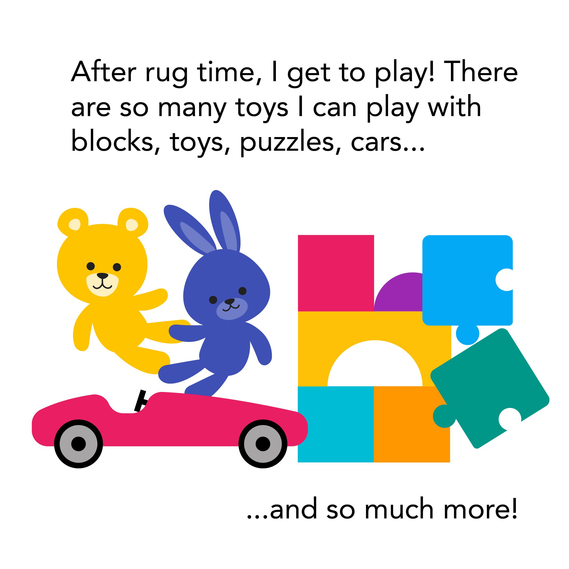 Blocks, puzzles and cars are toys to play with